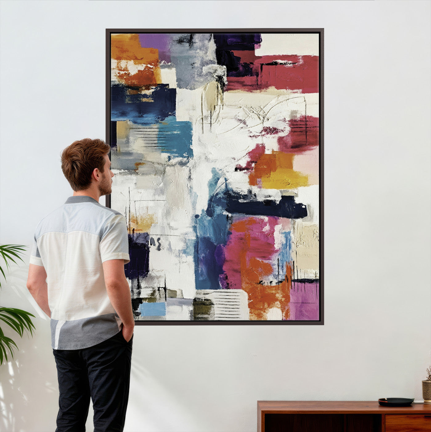 83175929-MGV-CV-24X36 - Blue Teal Abstract Canvas Wall Art, Modern Textured Painting Print, Navy Orange White Contemporary Art, Neutral Living Room Decor, Office Art