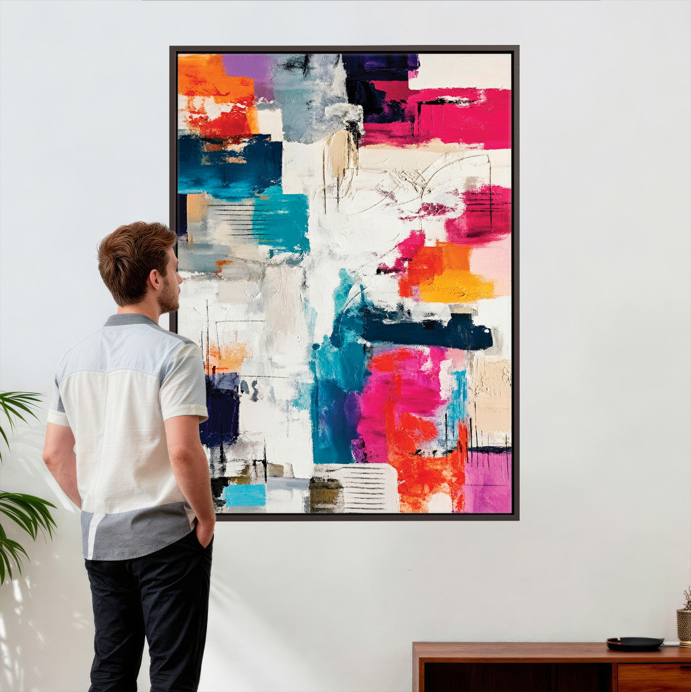 83175929-MGV-CV-24X36 - Blue Teal Abstract Canvas Wall Art Print - Modern Textured Painting Print, Navy Orange White Contemporary Art, Neutral Living Room Decor, Office Art
