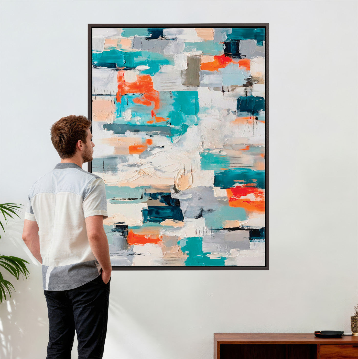 74742966-MGV-CV-24X36 - Blue Teal Abstract Canvas Wall Art - Modern Textured Painting Print, Navy Orange White Contemporary Art, Neutral Living Room Decor, Office Art