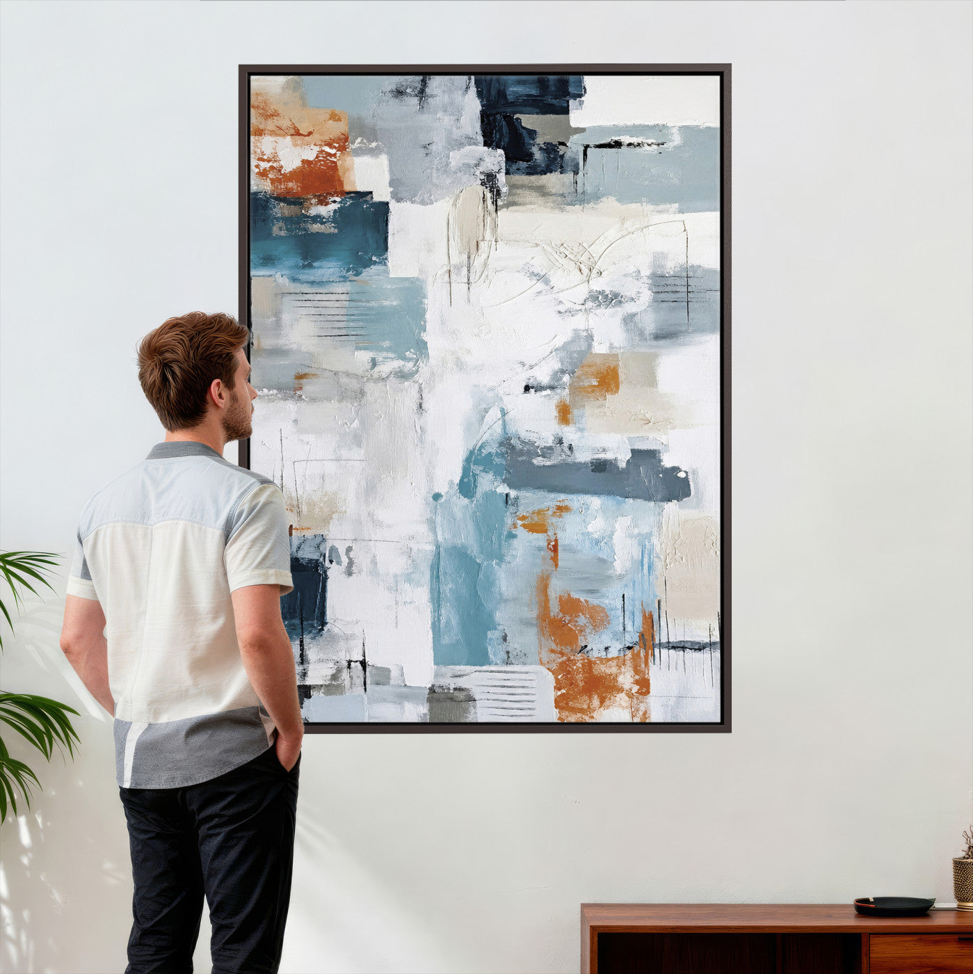 47011485-MGV-CV-24X36 - Blue Teal Abstract Canvas Wall Art, Modern Textured Painting Print, Navy Orange White Contemporary Art, Neutral Living Room Decor, Office Art