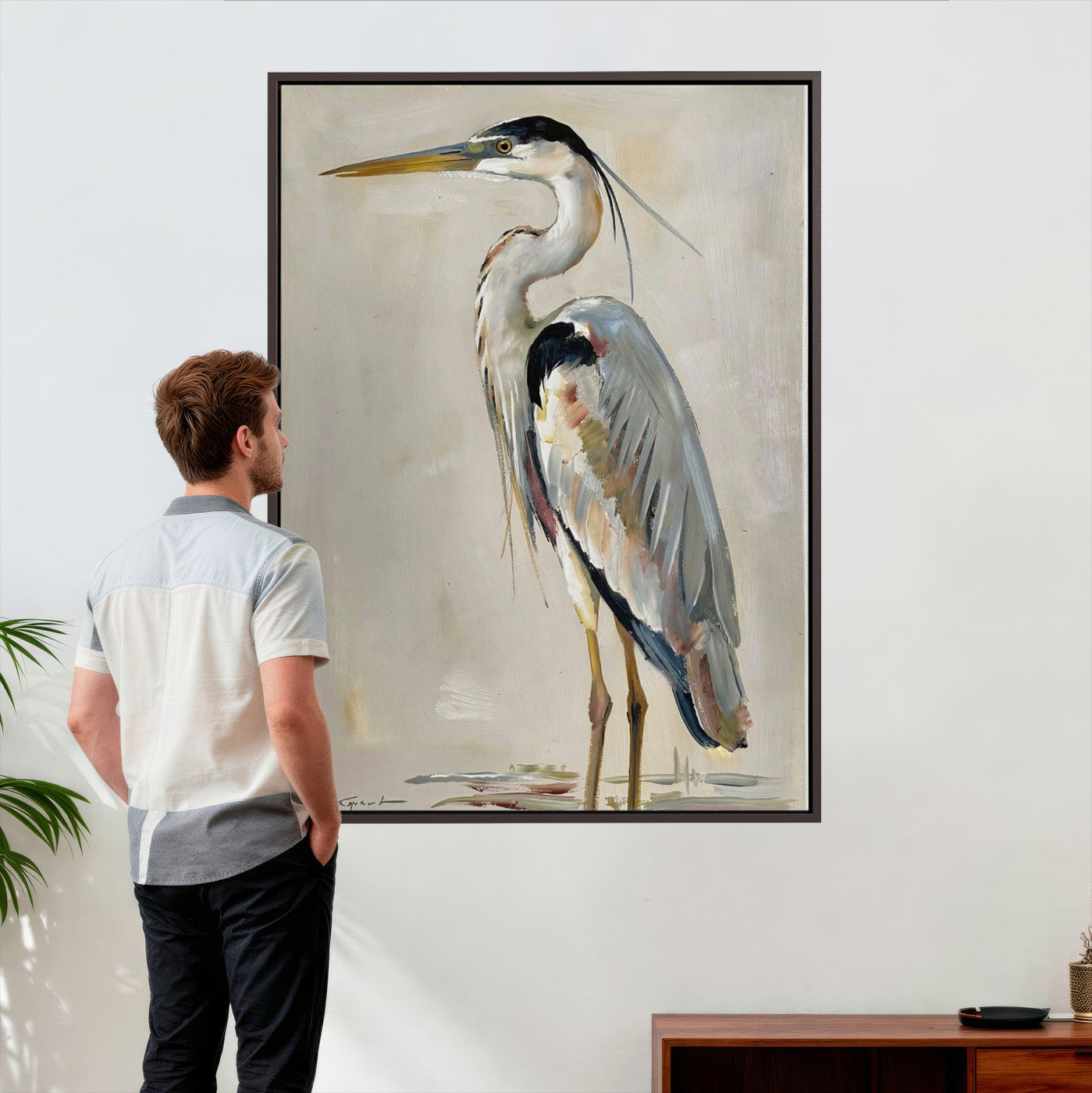 66936694-MGV-CV-24X36 - Great Blue Heron Canvas Wall Art Coastal Bird Oil Painting Print