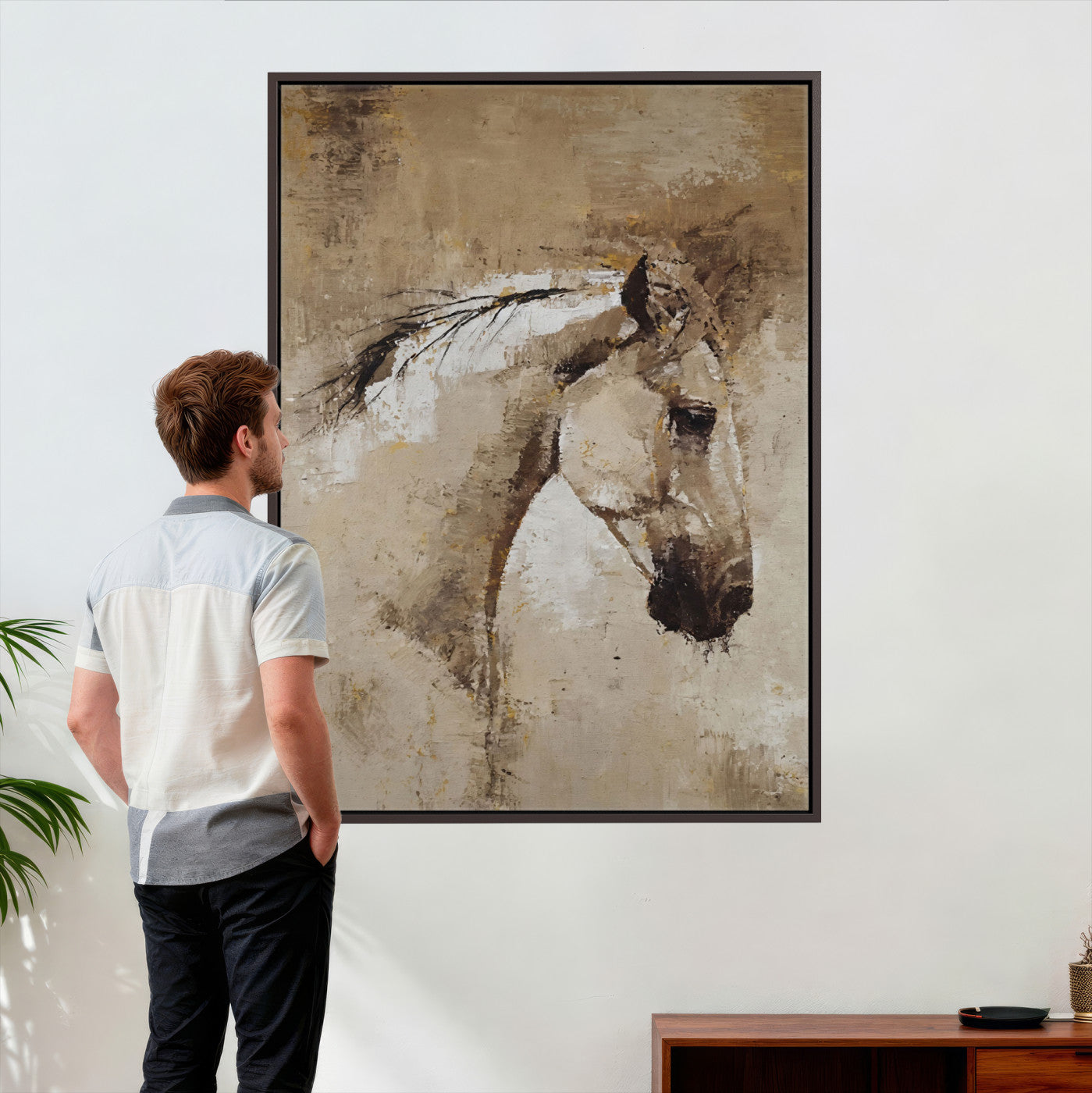 48488295-MGV-CV-24X36 - Rustic Horse Canvas Wall Art Neutral Tone Equestrian Oil Painting Print