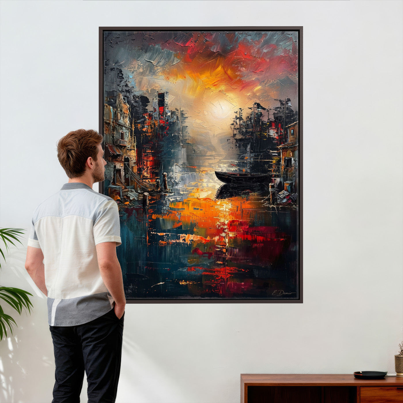 16611381-MGV-CV-24X36 - Vibrant Sunset Harbor Canvas Wall Art Abstract Cityscape Oil Painting Print