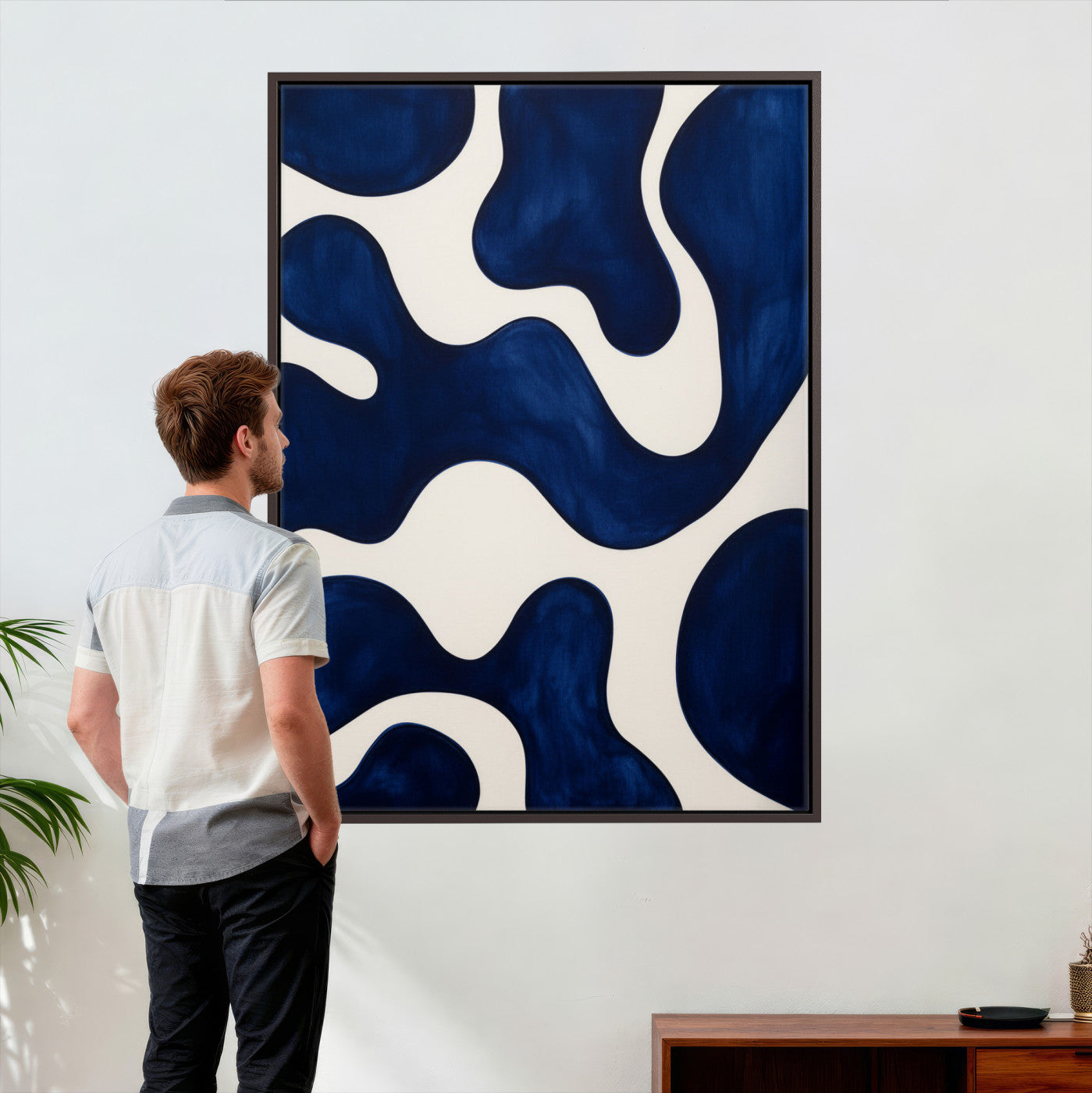 37225955-MGV-CV-24X36 - Minimalist Navy Blue Abstract Canvas Wall Art Organic Shapes Painting Print