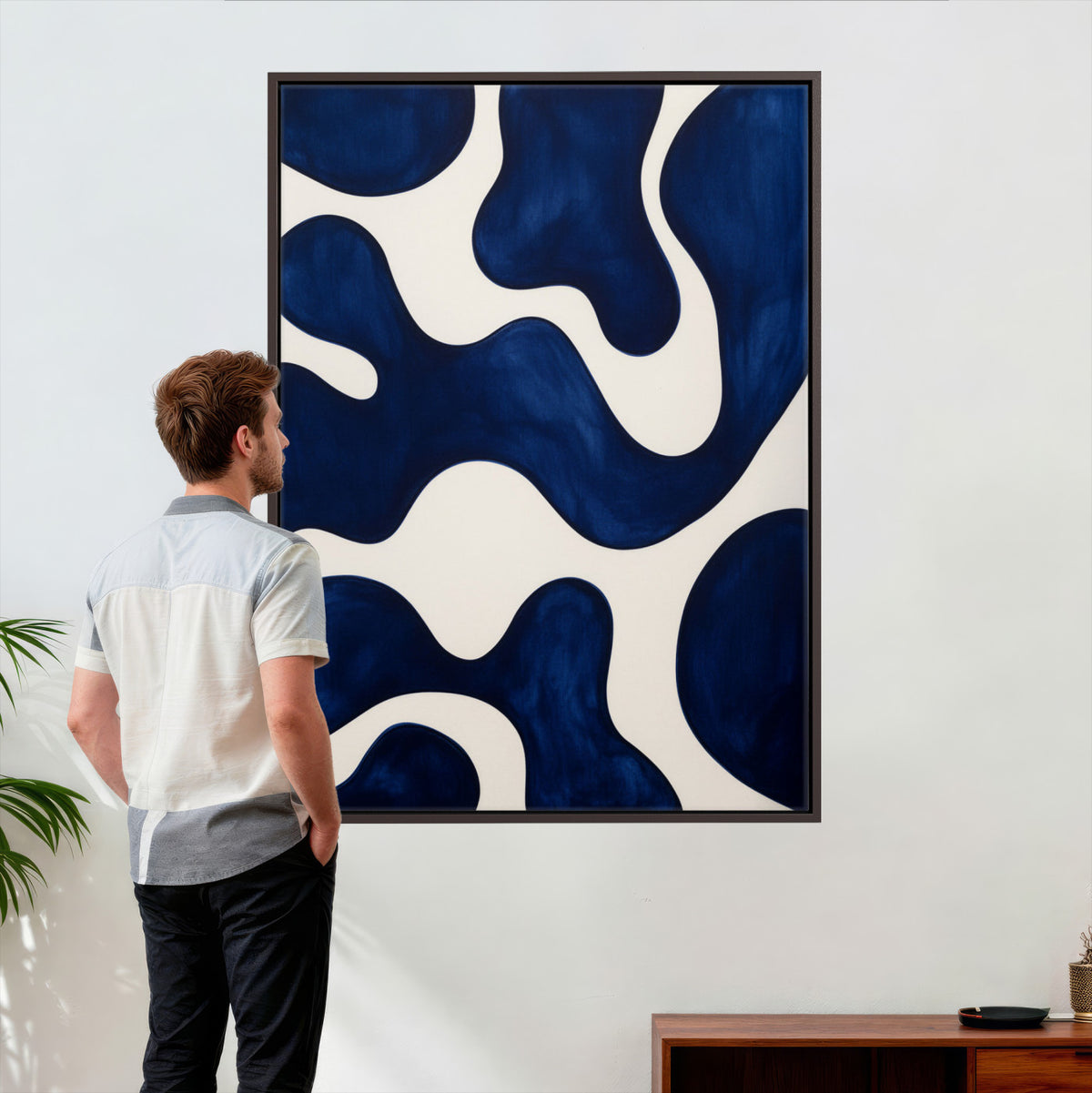 37225955-MGV-CV-24X36 - Minimalist Navy Blue Abstract Canvas Wall Art Organic Shapes Painting Print