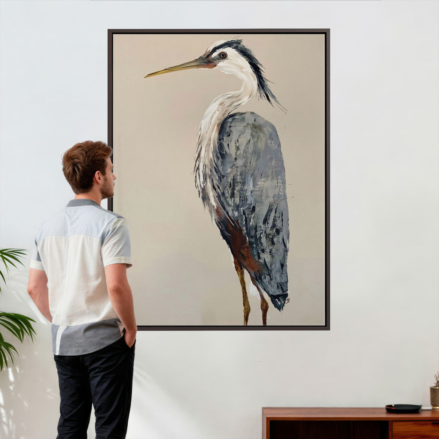 80349996-MGV-TP-24X36 - Great Blue Heron Canvas Wall Art - Coastal Bird Oil Painting Print for Home Wall Decor