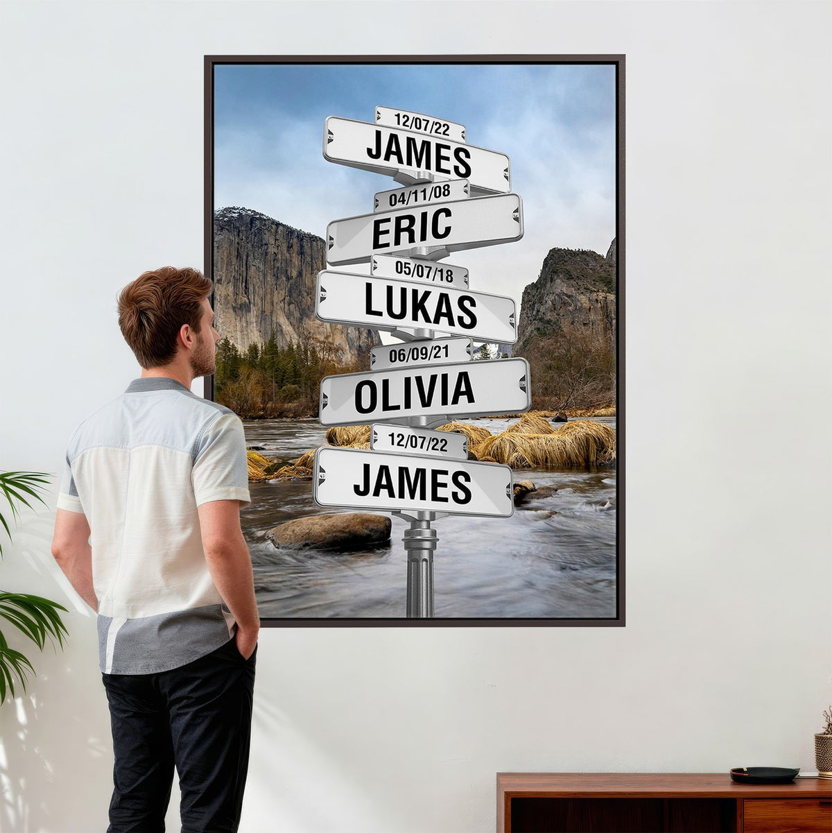 Personalized Family Name Street Sign Canvas Print with Mountain River View