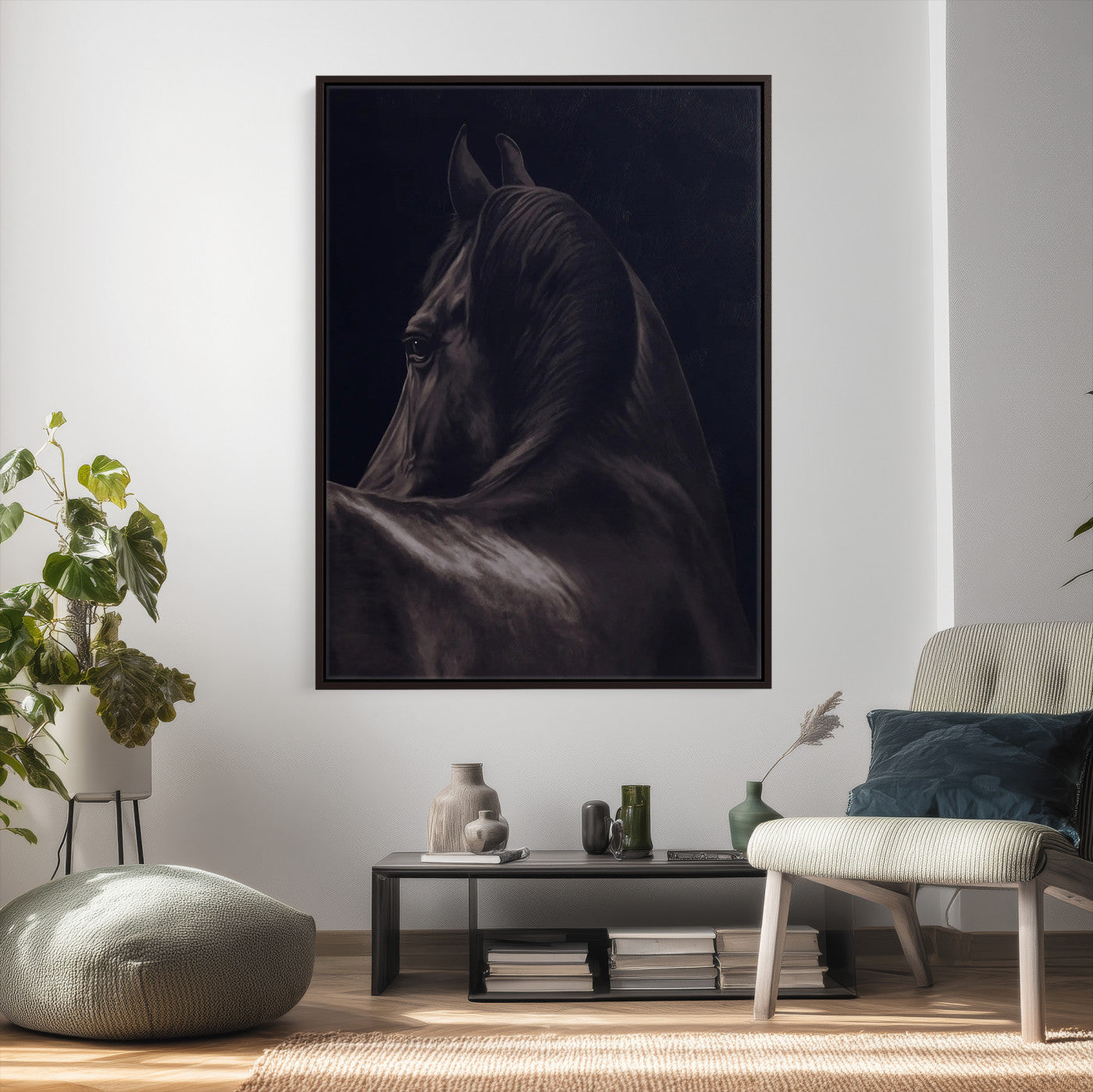 77538596-MGV-CV-24X36 - Dark Horse Wall Art – Majestic Silhouette Canvas Print, Sleek Mane, Graceful Strength, Elegant Equine Form, Timeless Beauty Decor for Home or Office