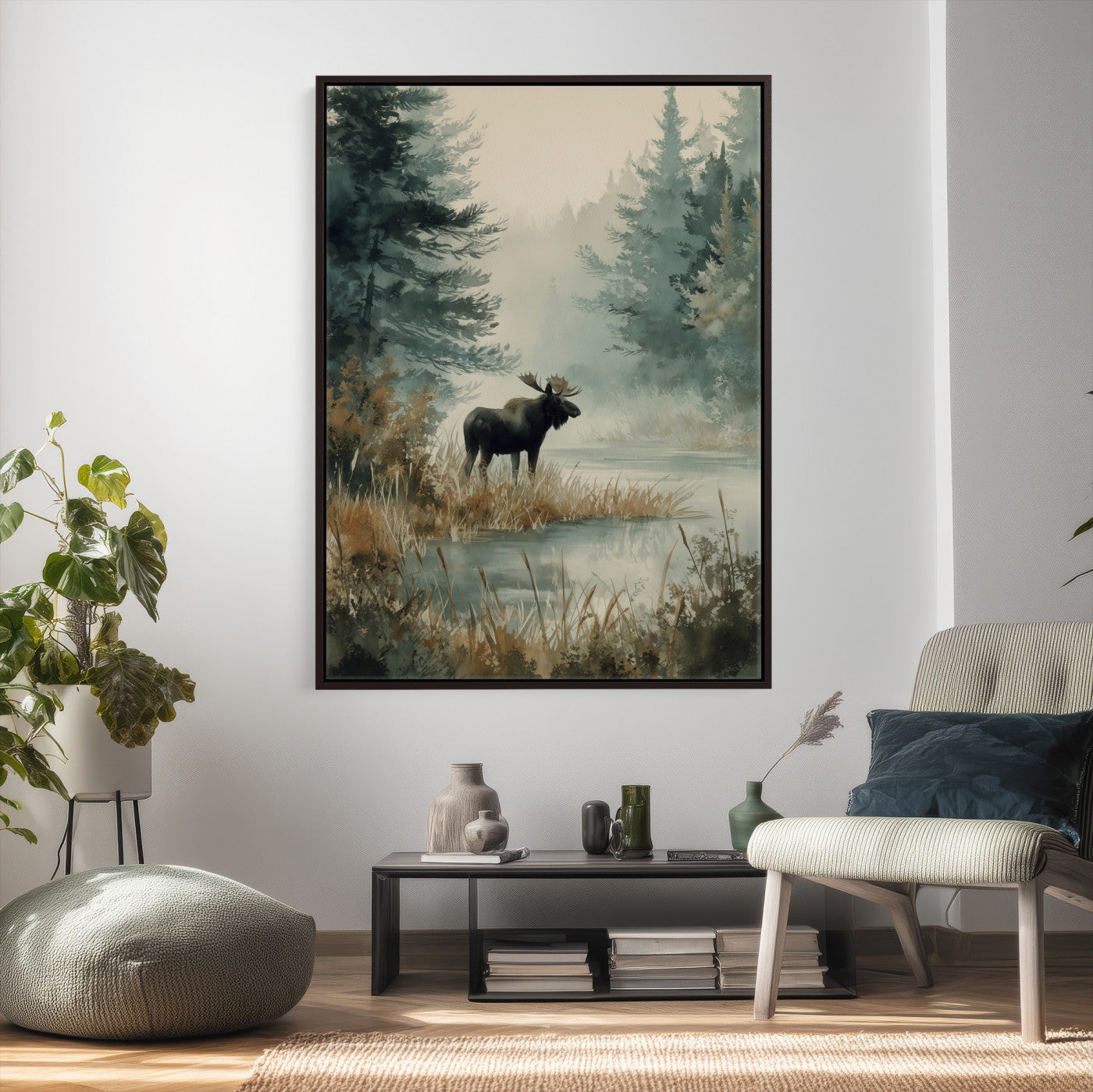 78345154-MGV-CV-24X36 - Watercolor Abstract Moose Forest Wall Art Canvas Print – Wildlife Nature Artwork Print for Living Room, Cabin, and Office Decor