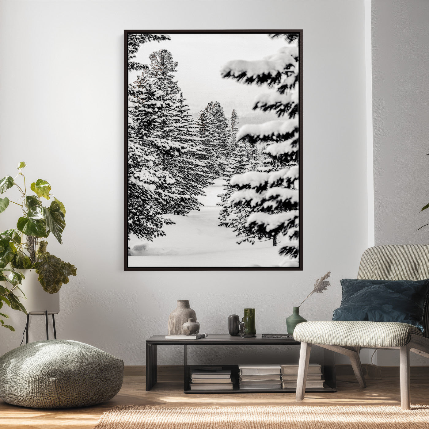 42534505-MGV-CV-24X36 - Snowy Pine Forest Wall Art Canvas Print, Minimal Winter Woodland Landscape, Black and White Nature Artwork