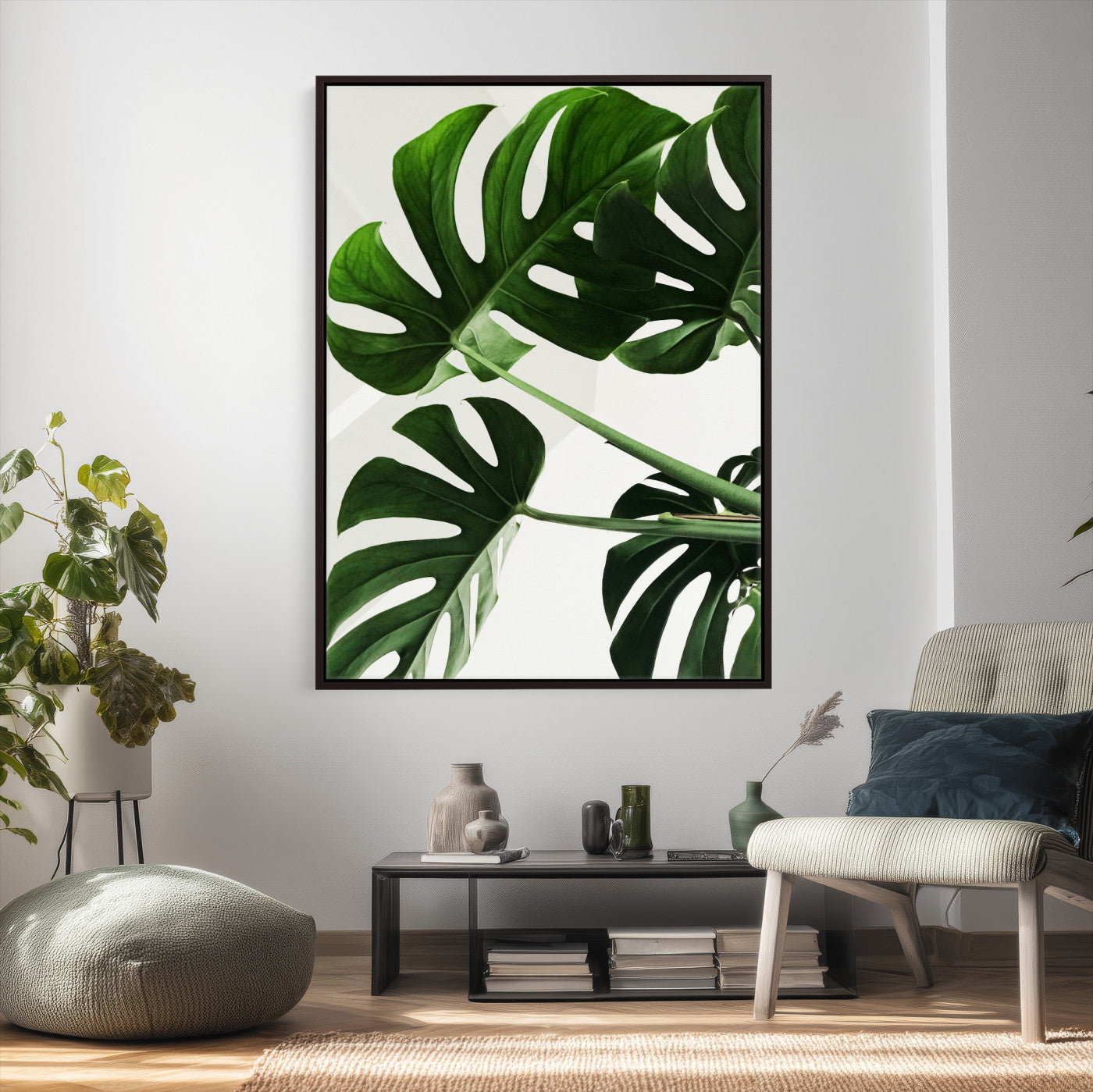 62365202-MGV-CV-24X36 - Green Monstera Leaf Wall Art Canvas Print, Tropical Botanical Wall Decor, Modern Minimal Plant Art, Framed Canvas Wall Art Ready to Hang