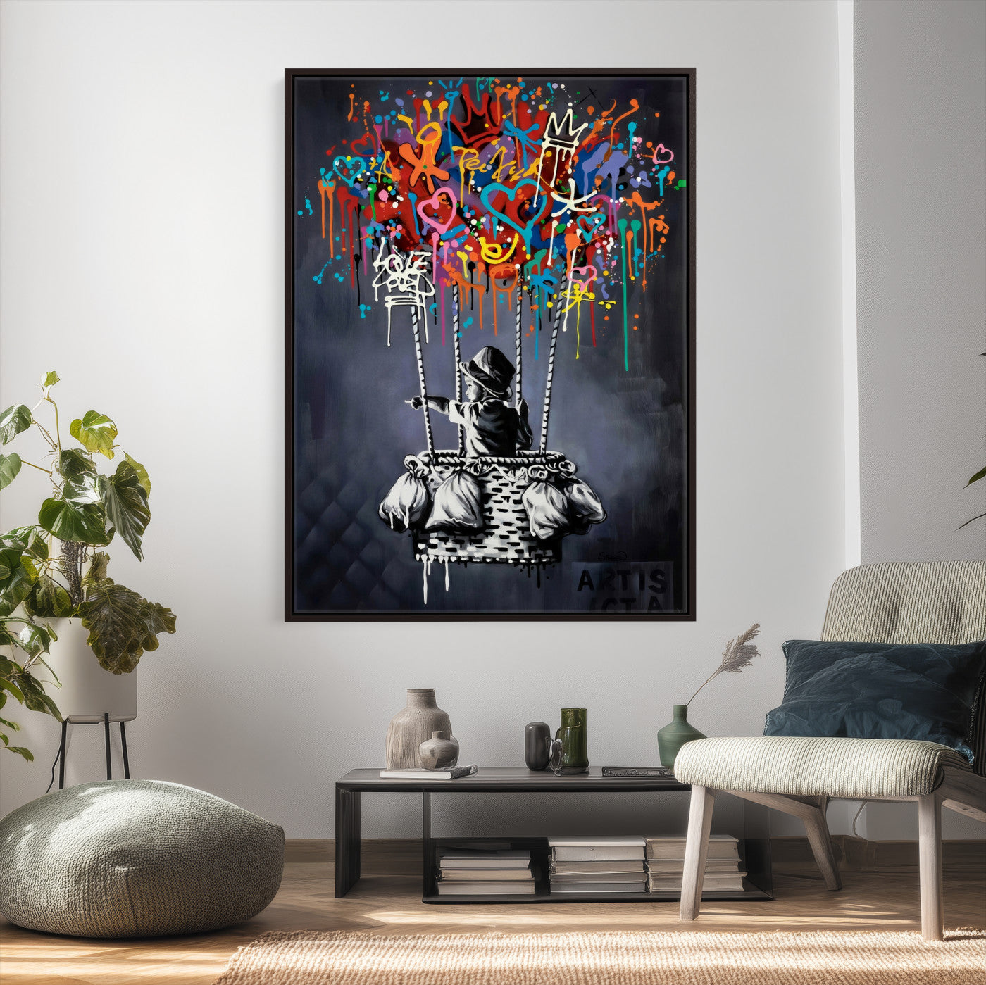 87352999-MGV-CV-24X36 - Banksy Inspired Boy Swing Wall Art Canvas Print, Graffiti Balloon Hearts Street Art, Colorful Urban Mural Artwork for Modern Living Room Decor