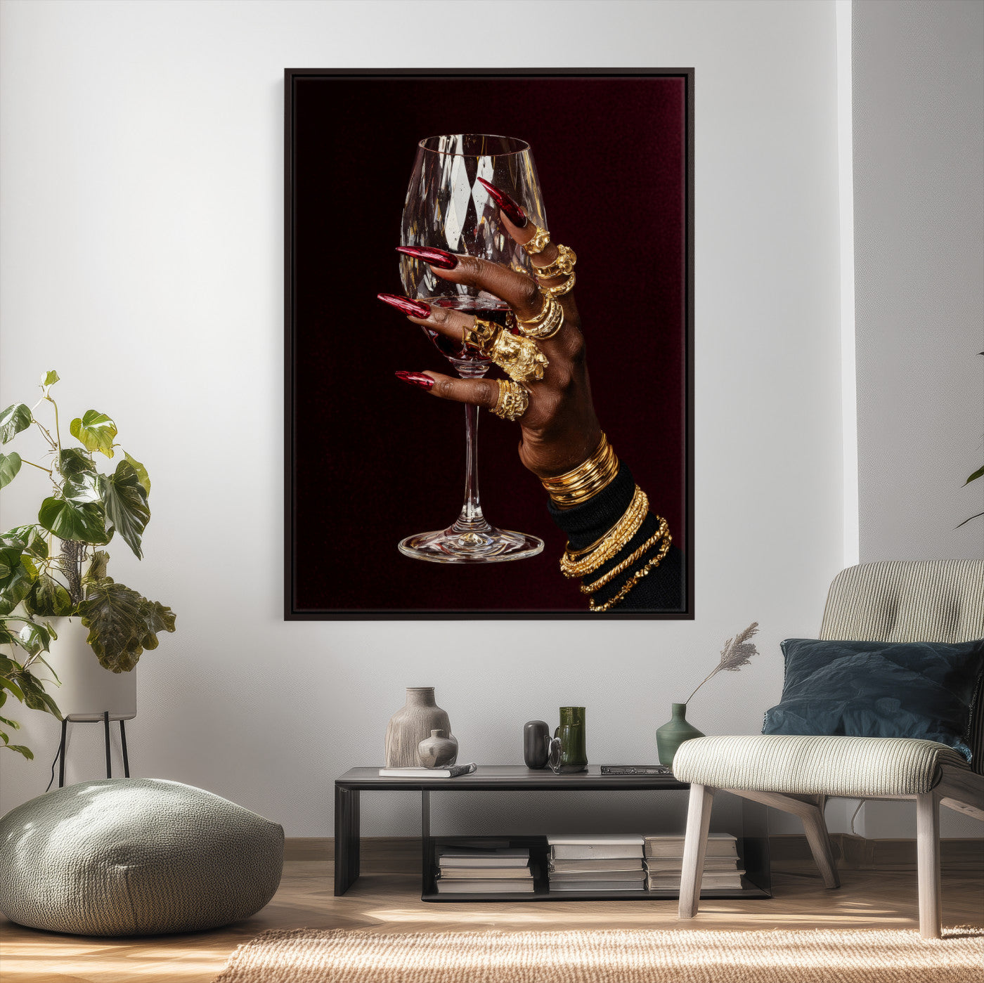8151788Y6-MGV-CV-24X36 - Black Woman Holding Elegant Wine Glass Art, Black Girl Art, Black Woman Art, Trendy Black Girl Wall Art