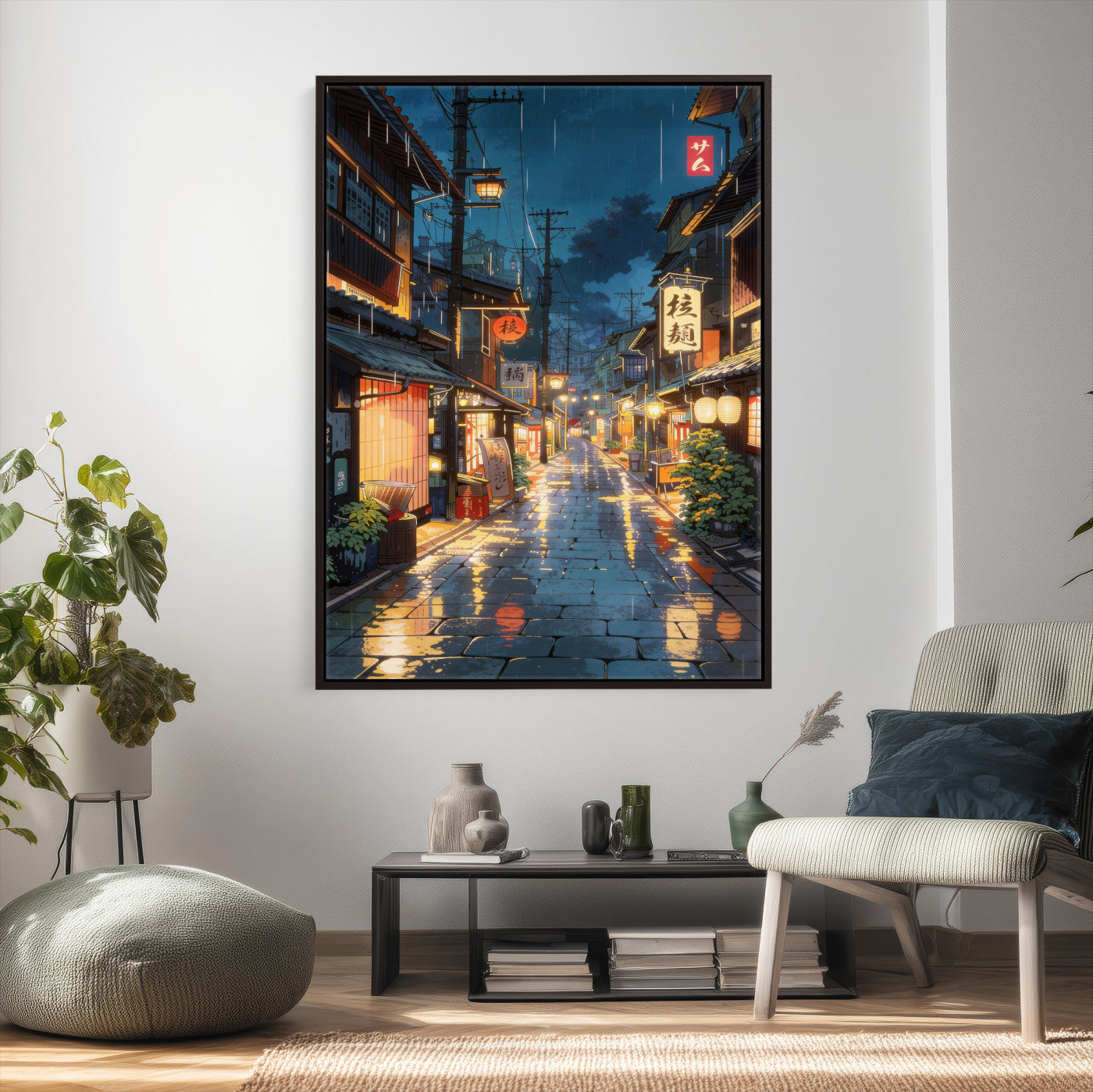 4712069J1-MGV-CV-24X36 - Tokyo Tea House Canvas Wall Art — Japan Rainy Night Street Print | Anime Style Decor | Japanese Tea House Art | Tokyo City Gift