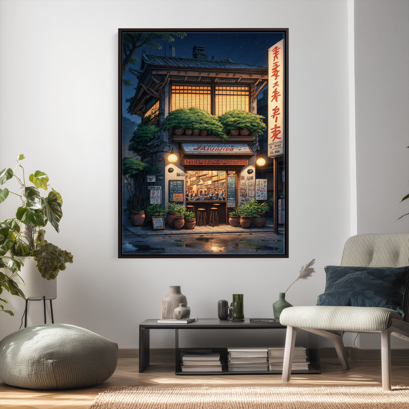 4712069TE1-MGV-CV-24X36 - Evening at the Ramen Shop Canvas Wall Art — Japan Night Anime Print | Japanese Restaurant Decor | Lofi Wall Art | Ramen Lover Gift