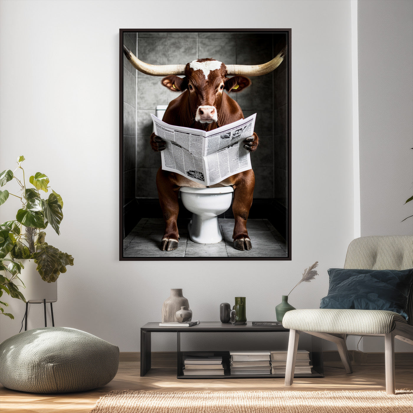69808726-MGV-CV-24X36 - Texas Longhorn Cow Toilet Paper Canvas Wall Art, Funny Bathroom Black White Print, Cute Animal Humor Decor, Quirky Farmhouse Bathroom Art, Cow Lover Gift