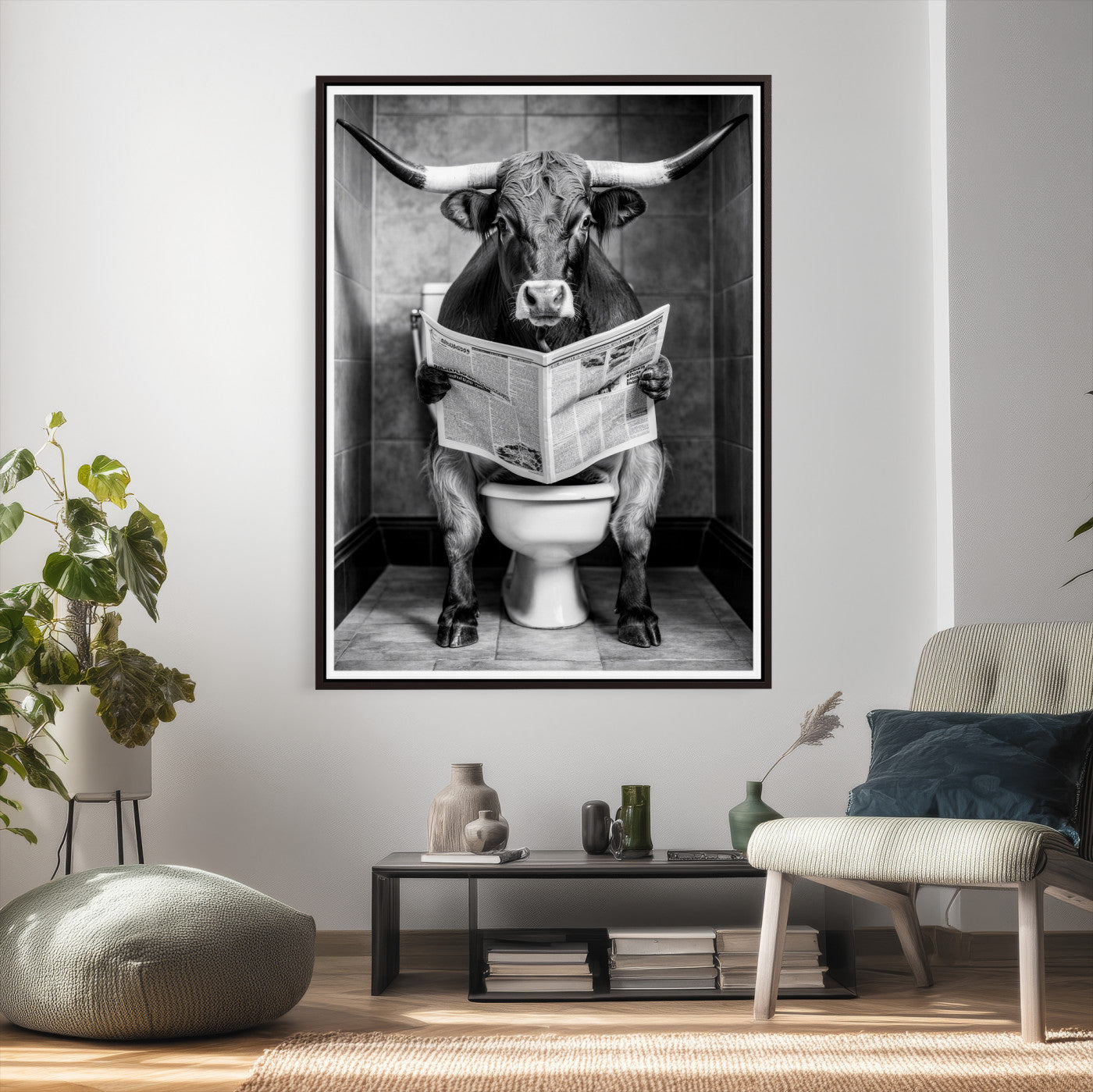 77994492-MGV-CV-24X36 - Texas Longhorn Cow Toilet Paper Canvas Wall Art, Funny Bathroom Black White Print, Cute Animal Humor Decor, Quirky Farmhouse Bathroom Art, Cow Lover Gift