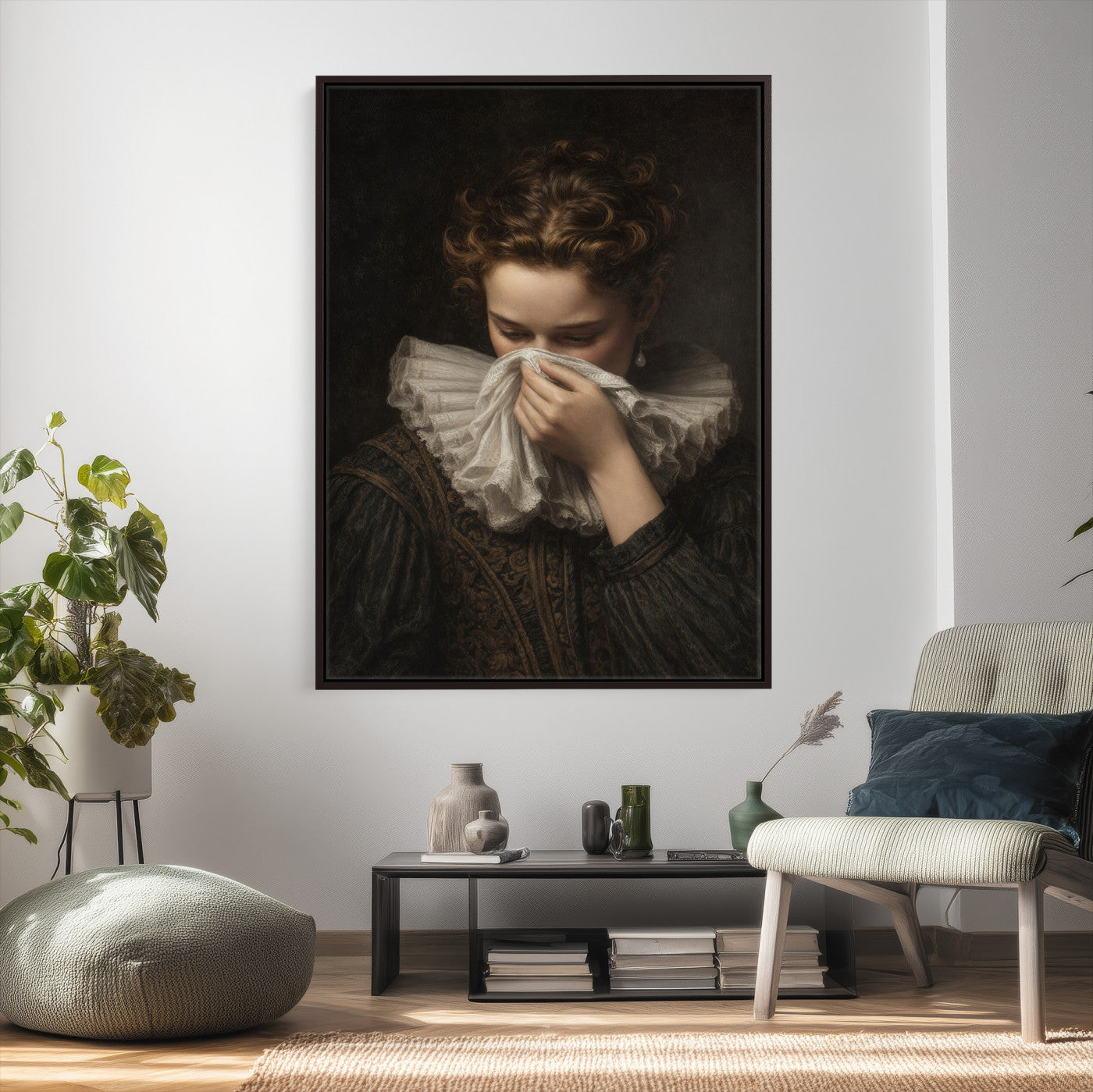 62652430-MGV-CV-24X36 - Baroque Portrait Canvas Wall Art, Flemish Woman with Lace Collar Print for Bathroom Wall Art, Funny Toilet Decor, Renaissance Style Portrait, Moody Vintage Wall Art