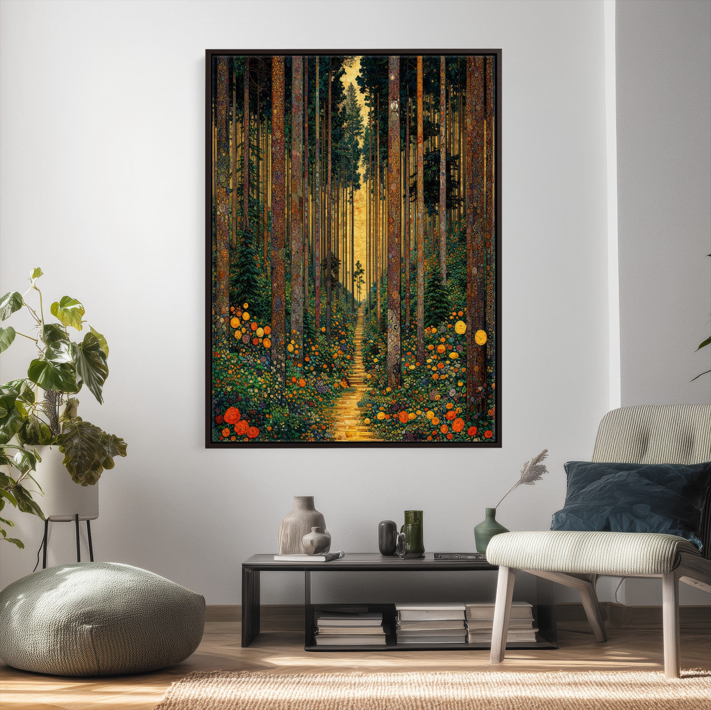 14391546-MGV-CV-24X36 - Gustav Klimt Style Forest Canvas Wall Art, Golden Forest Path Floral Art Nouveau Print, Enchanted Woodland Decor, Maximalist Colorful Nature Art