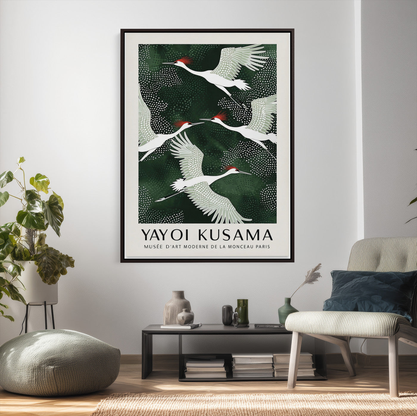 63036906-MGV-CV-24X36 - Yayoi Kusama Crane Bird Wall Art Canvas Print, Japanese Inspired Flying Heron Framed Artwork, Green Botanical Nature Decor for Living Room Bedroom Office