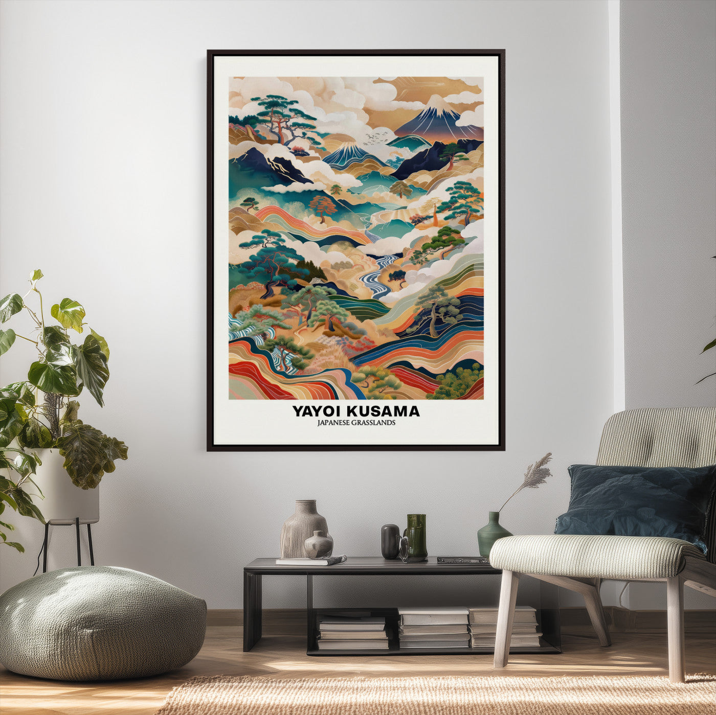 71553303-MGV-CV-24X36 - Yayoi Kusama Japanese Landscape Wall Art Canvas Print, Colorful Mountain and River Framed Artwork, Nature Inspired Asian Scenic Decor for Living Room Bedroom Office