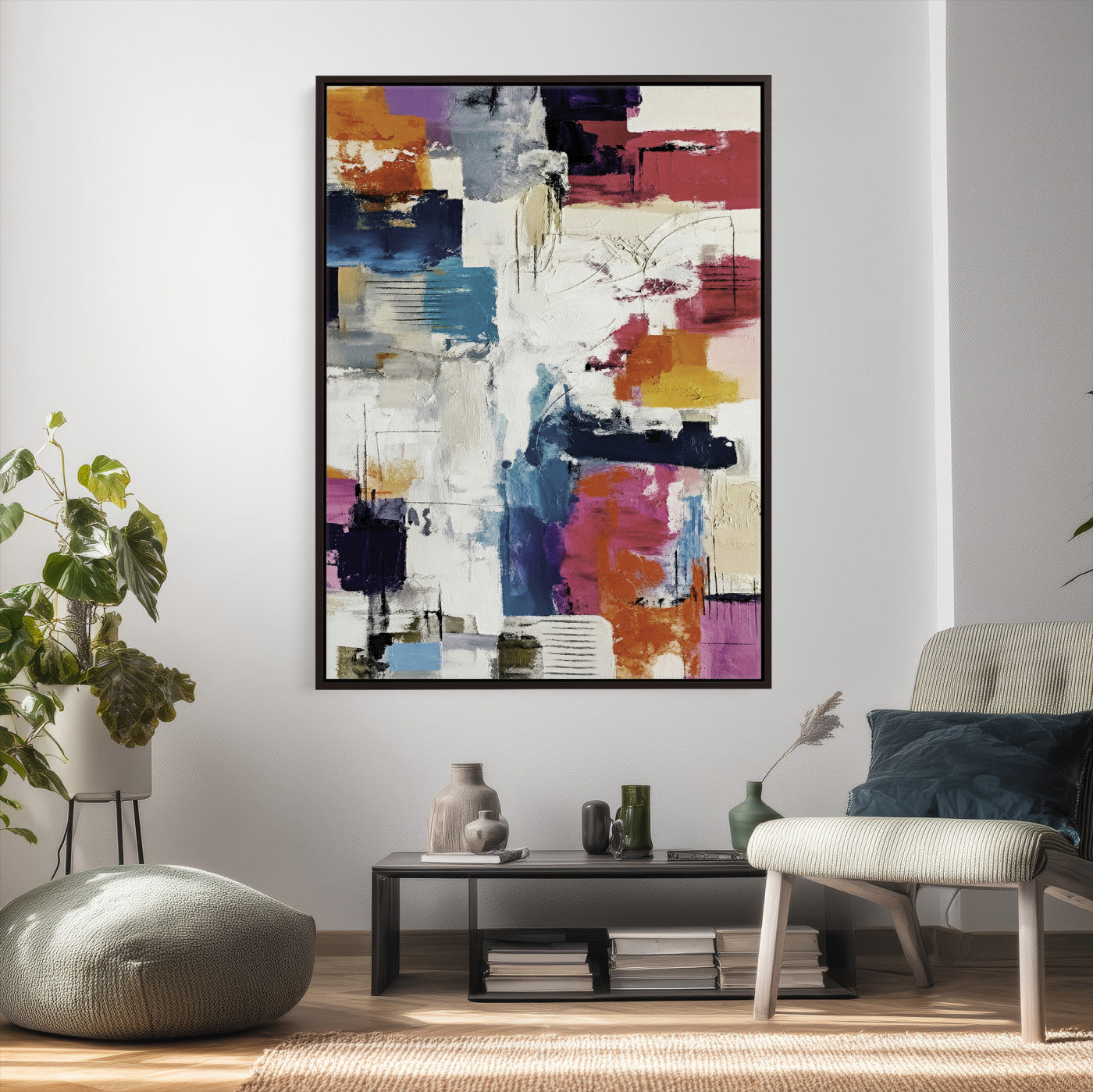 83175929-MGV-CV-24X36 - Blue Teal Abstract Canvas Wall Art, Modern Textured Painting Print, Navy Orange White Contemporary Art, Neutral Living Room Decor, Office Art