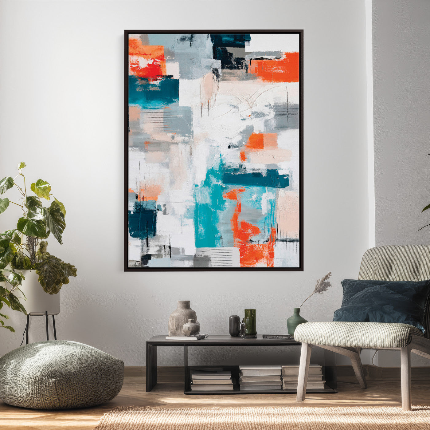 39825760-MGV-CV-24X36 - Blue Teal Abstract Canvas Wall Art - Modern Textured Painting Print, Navy Orange White Contemporary Art, Neutral Living Room Decor, Office Art