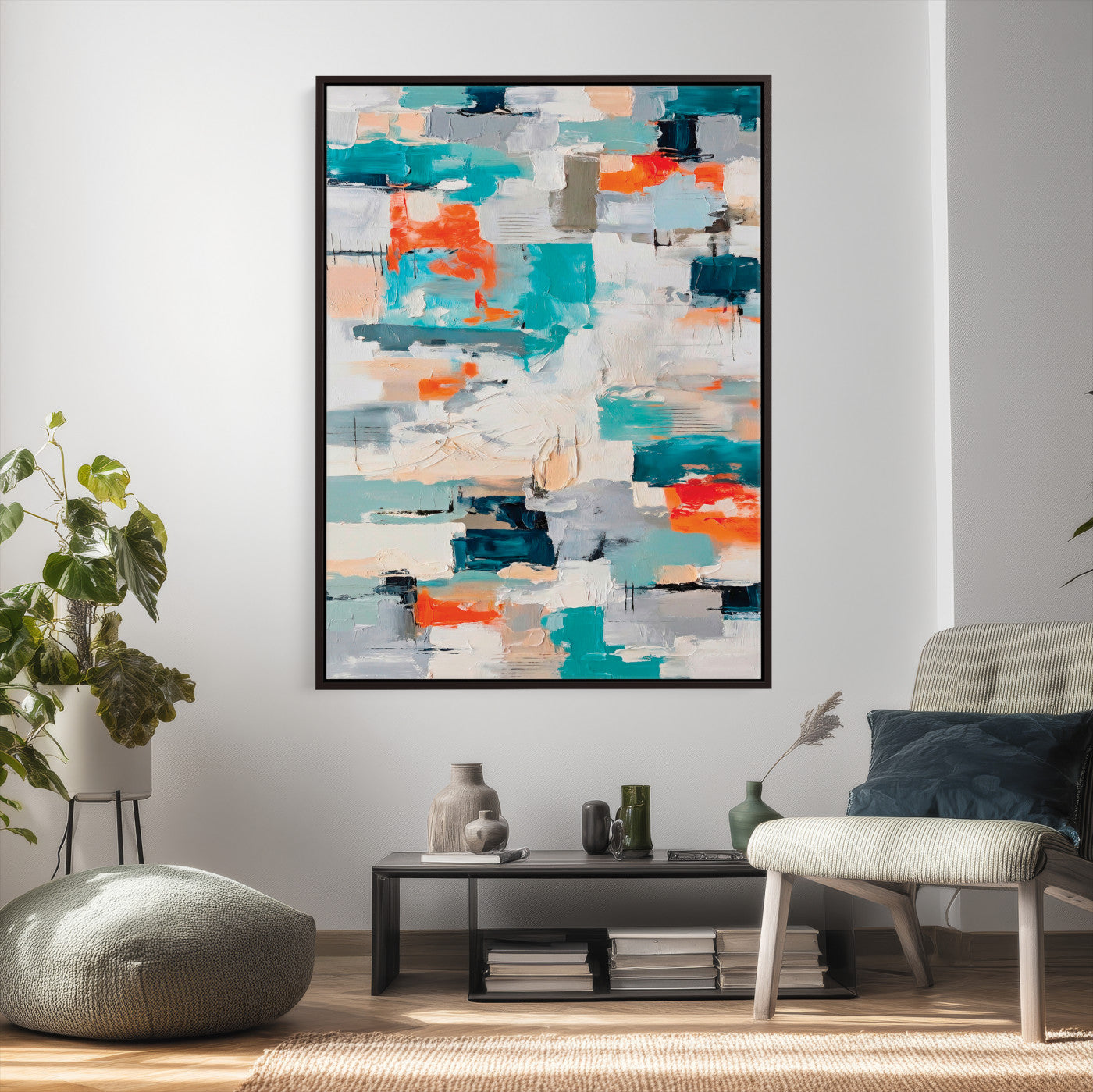 74742966-MGV-CV-24X36 - Blue Teal Abstract Canvas Wall Art - Modern Textured Painting Print, Navy Orange White Contemporary Art, Neutral Living Room Decor, Office Art
