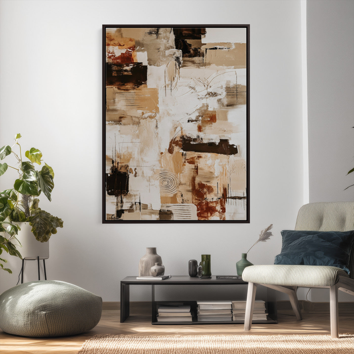 90644187-MGV-CV-24X36 - Blue Teal Abstract Canvas Wall Art | Modern Textured Painting Print, Navy Orange White Contemporary Art - Neutral Living Room Decor, Office Art