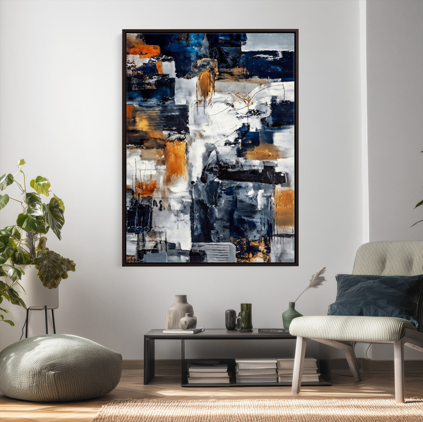 85264820-MGV-CV-24X36 - Blue Teal Abstract Canvas Wall Art - Modern Textured Painting Print, Navy Orange White Contemporary Art, Neutral Living Room Decor, Office Art