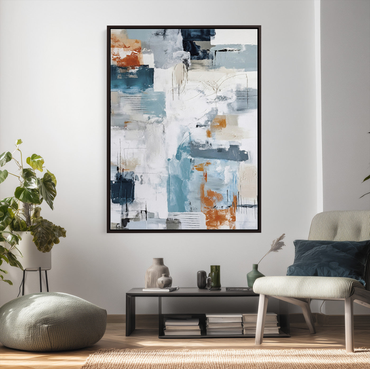 47011485-MGV-CV-24X36 - Blue Teal Abstract Canvas Wall Art, Modern Textured Painting Print, Navy Orange White Contemporary Art, Neutral Living Room Decor, Office Art