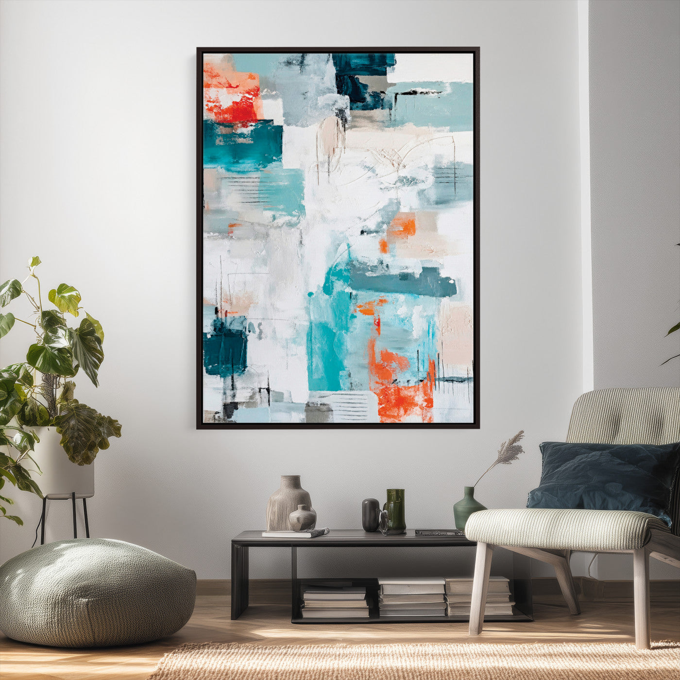 47011485-MGV-CV-24X36 - Blue Teal Abstract Canvas Wall Art, Modern Textured Painting Print, Navy Orange White Contemporary Art, Neutral Living Room Decor, Office Art