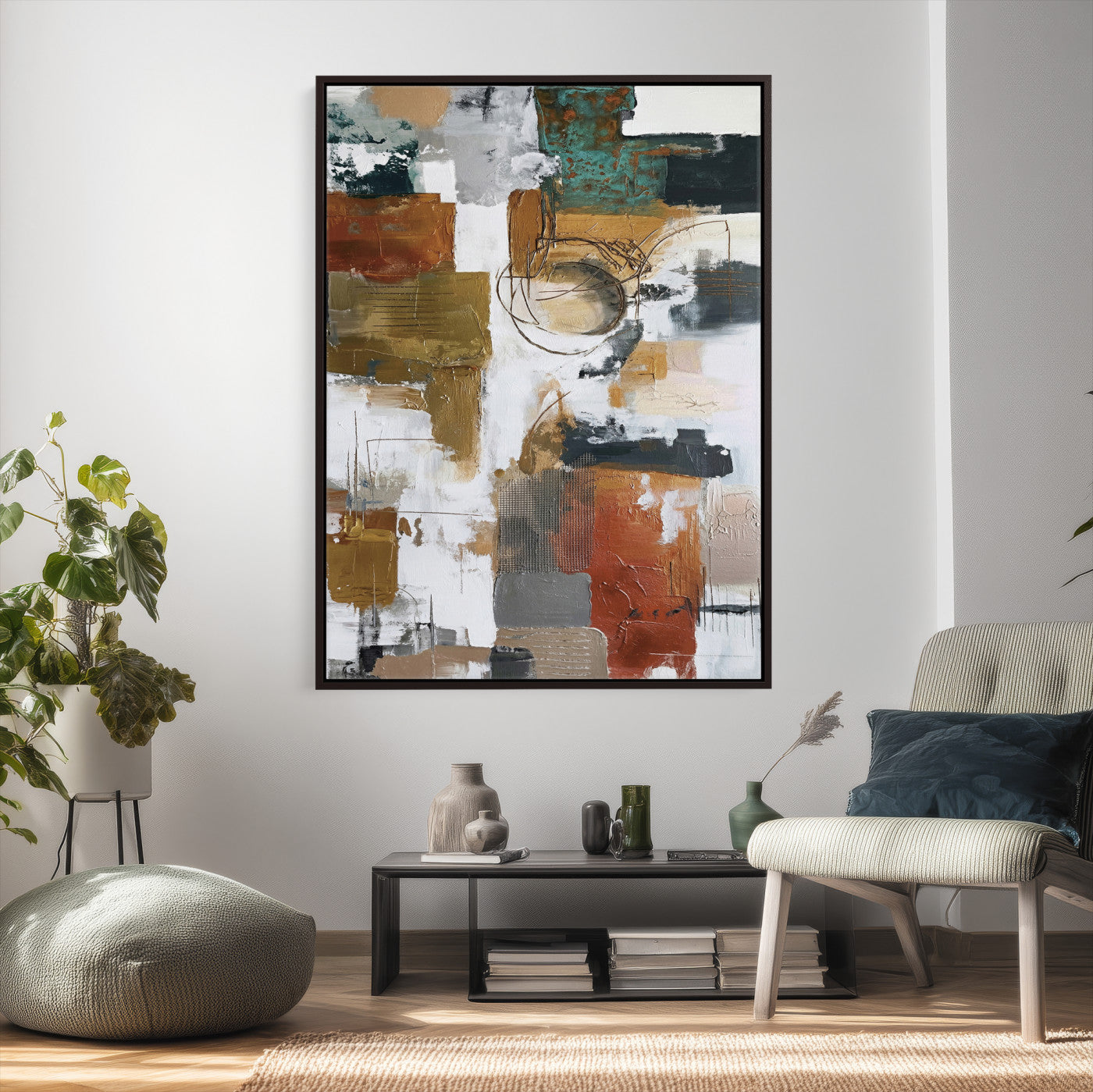 71530836-MGV-CV-24X36 - Blue Teal Abstract Canvas Wall Art, Modern Textured Painting Print, Navy Orange White Contemporary Art, Neutral Living Room Decor, Office Art