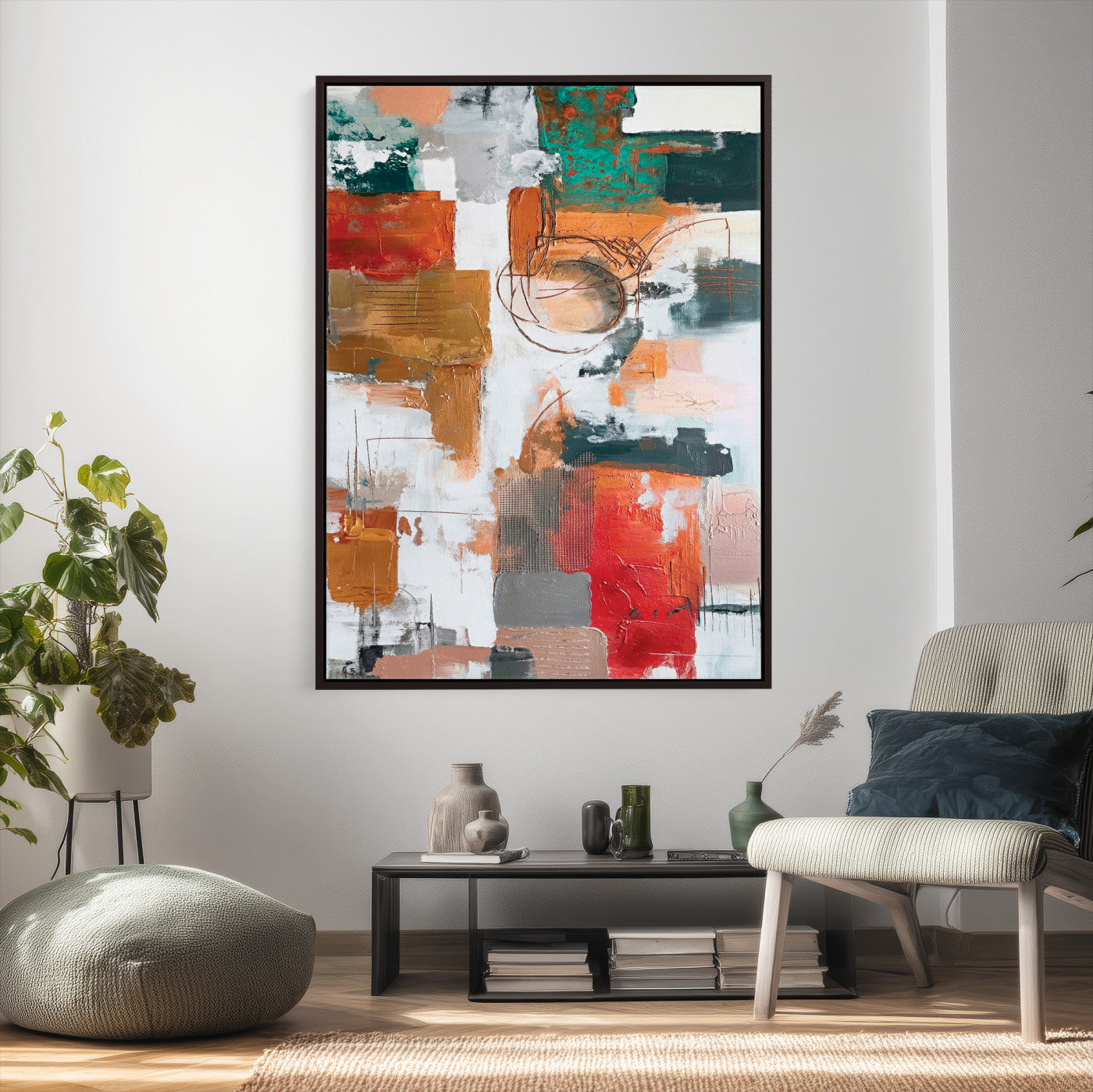 71530836-MGV-CV-24X36 - Blue Teal Abstract Canvas Wall Art | Modern Textured Painting Print, Navy Orange White Contemporary Art, Neutral Living Room Decor, Office Art