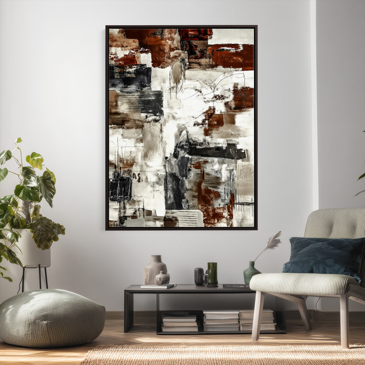 23953633-MGV-CV-24X36 - Blue Teal Abstract Canvas Wall Art, Modern Textured Painting Print, Navy Orange White Contemporary Art, Neutral Living Room Decor, Office Art