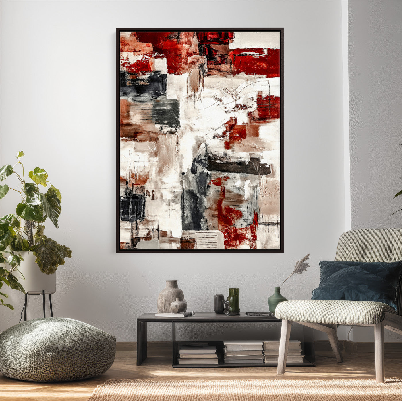 23953633-MGV-CV-24X36 - Blue Teal Abstract Canvas Wall Art | Modern Textured Painting Print, Navy Orange White Contemporary Art, Neutral Living Room Decor, Office Art