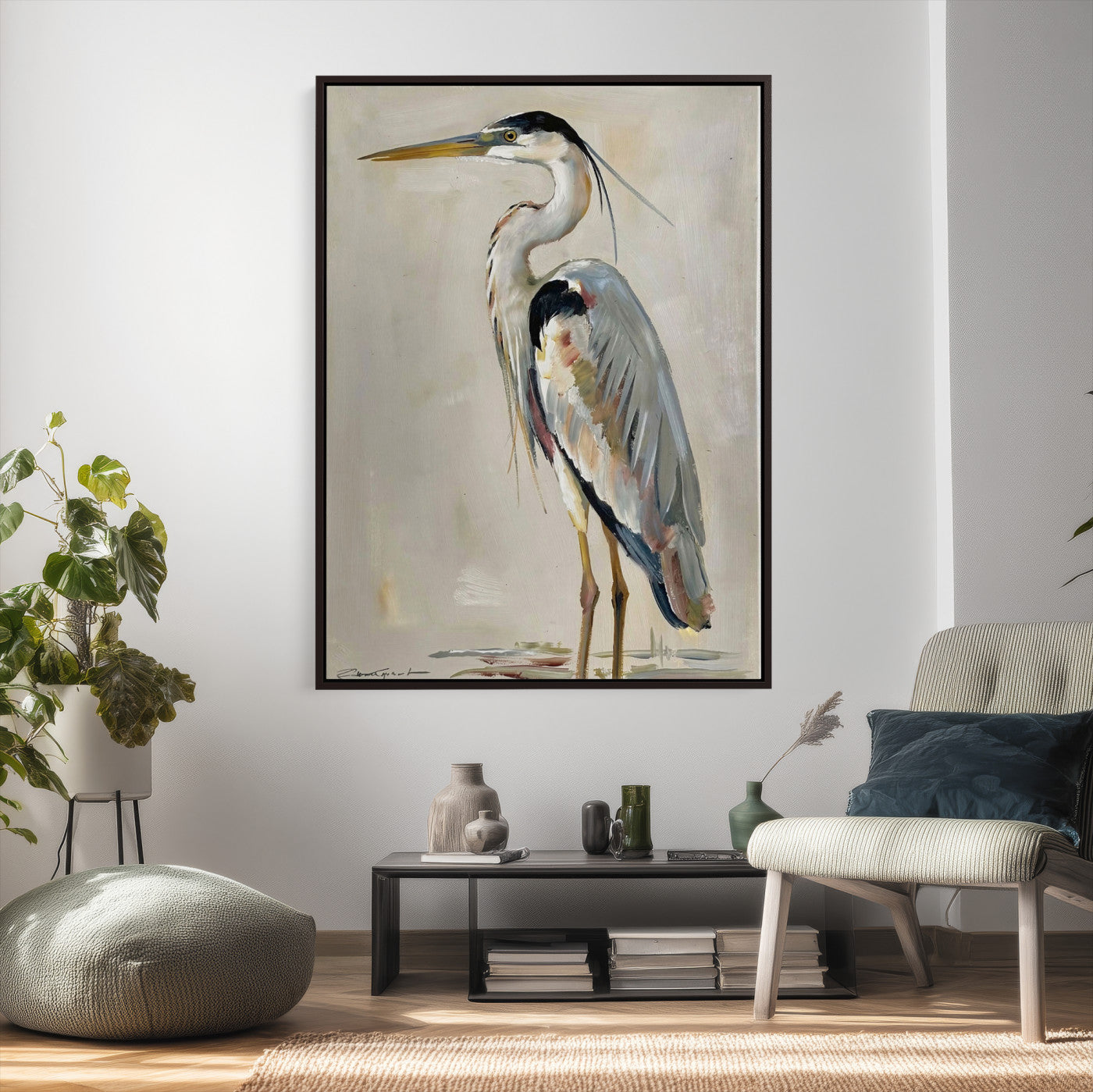 66936694-MGV-CV-24X36 - Great Blue Heron Canvas Wall Art Coastal Bird Oil Painting Print