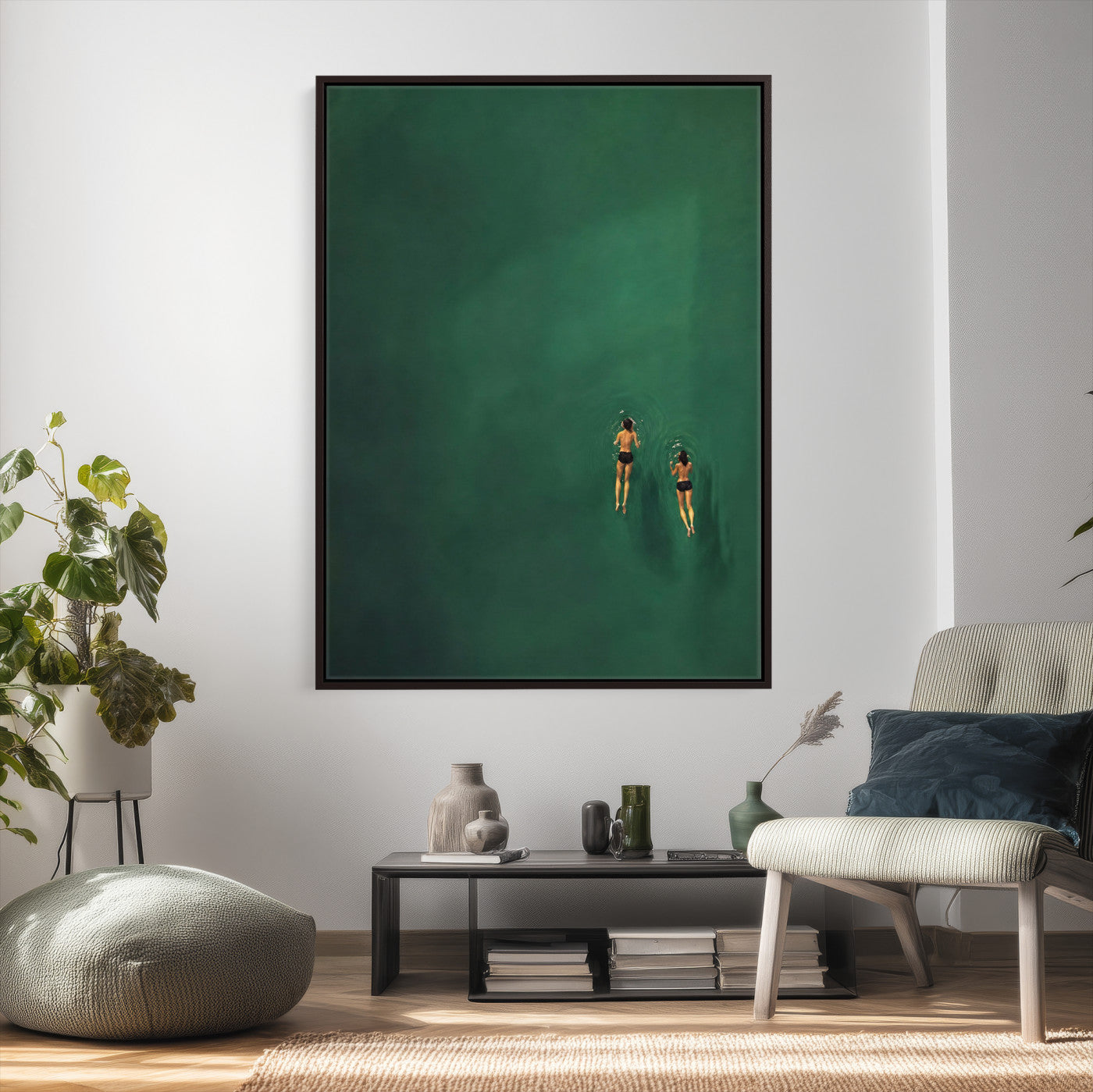 44711396-MGV-CV-24X36 - Minimalist Swimmers Canvas Wall Art Emerald Green Water Painting Print