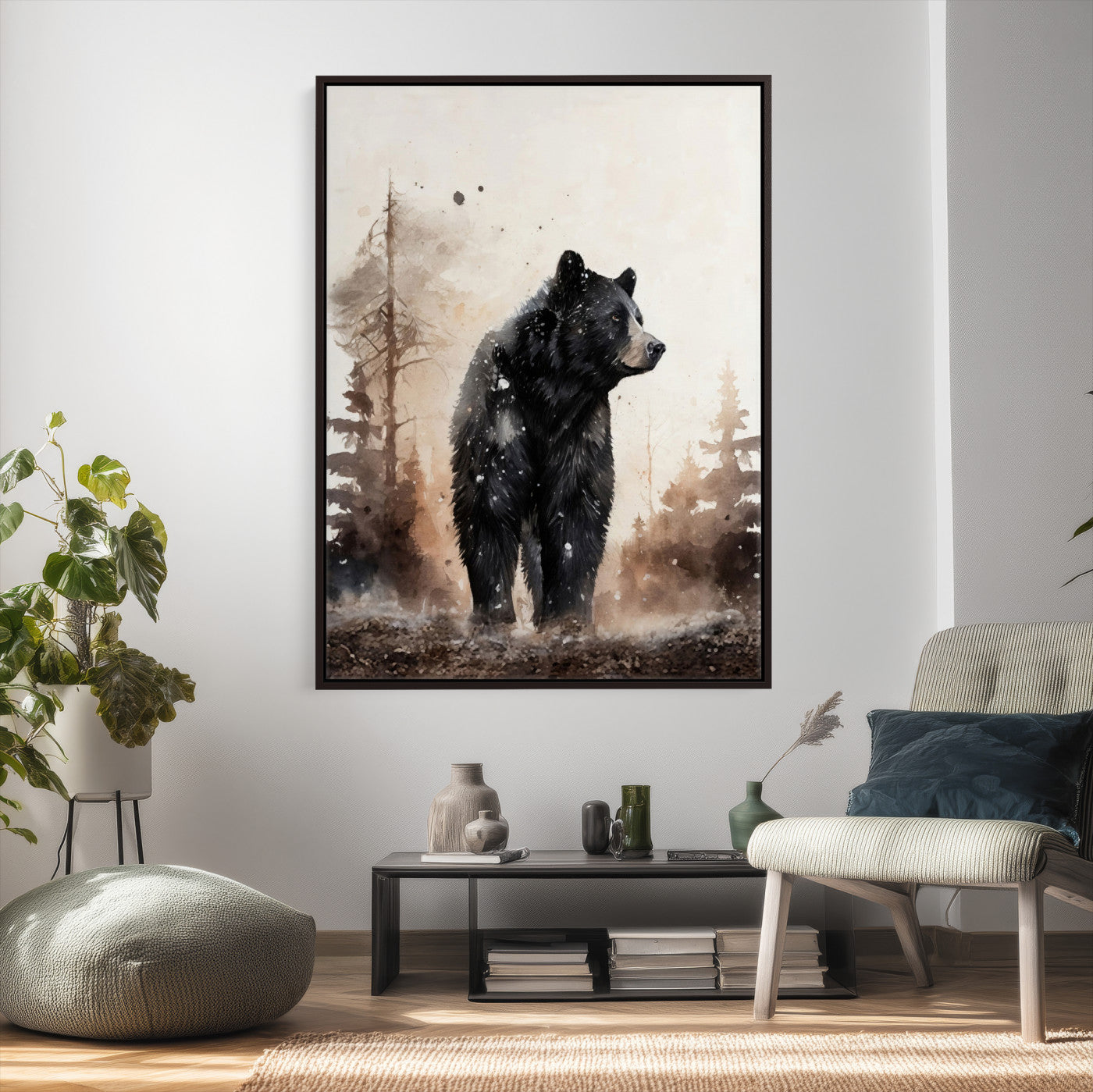 17399305-MGV-CV-24X36 - Black Bear Canvas Wall Art Winter Forest Watercolor Painting Print
