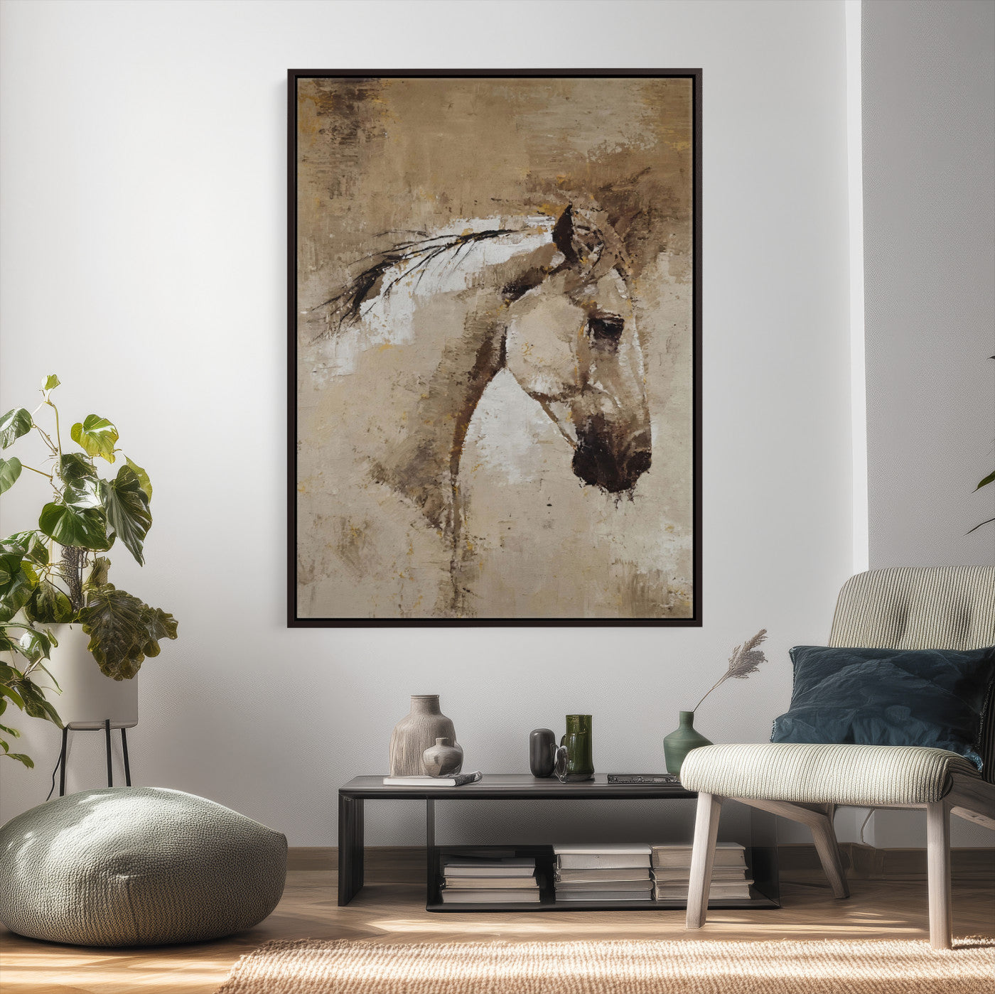 48488295-MGV-CV-24X36 - Rustic Horse Canvas Wall Art Neutral Tone Equestrian Oil Painting Print