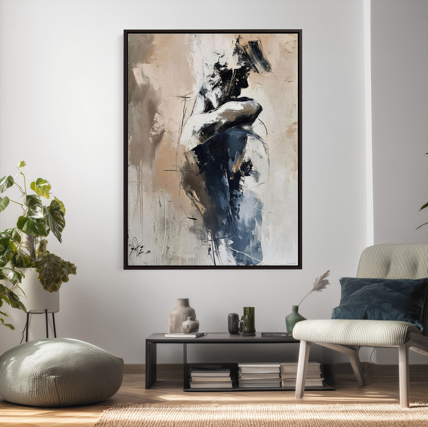 60223455-MGV-CV-24X36 - Monochrome Figurative Abstract Canvas Wall Art Moody Figure Oil Painting Print