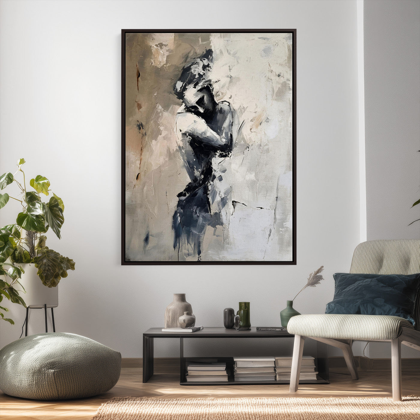 95556055-MGV-CV-24X36 - Monochrome Figurative Abstract Canvas Wall Art Moody Figure Oil Painting Print