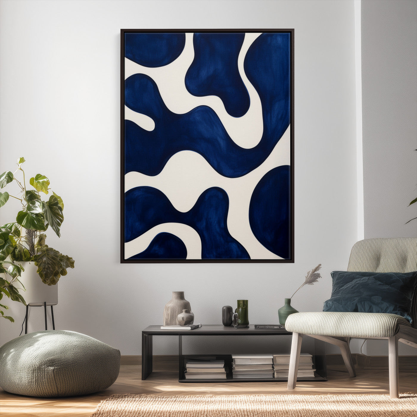37225955-MGV-CV-24X36 - Minimalist Navy Blue Abstract Canvas Wall Art Organic Shapes Painting Print