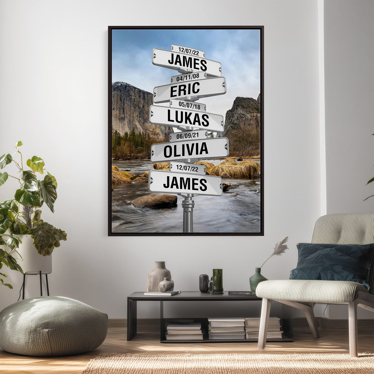 Personalized Family Name Street Sign Canvas Print with Mountain River View