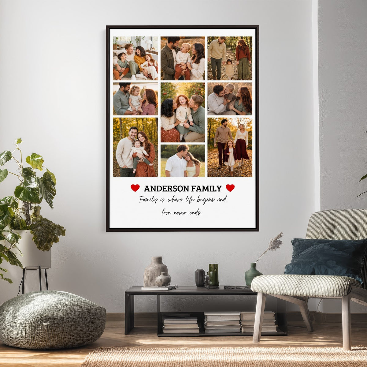 Family photo collage with hearts, framed print option