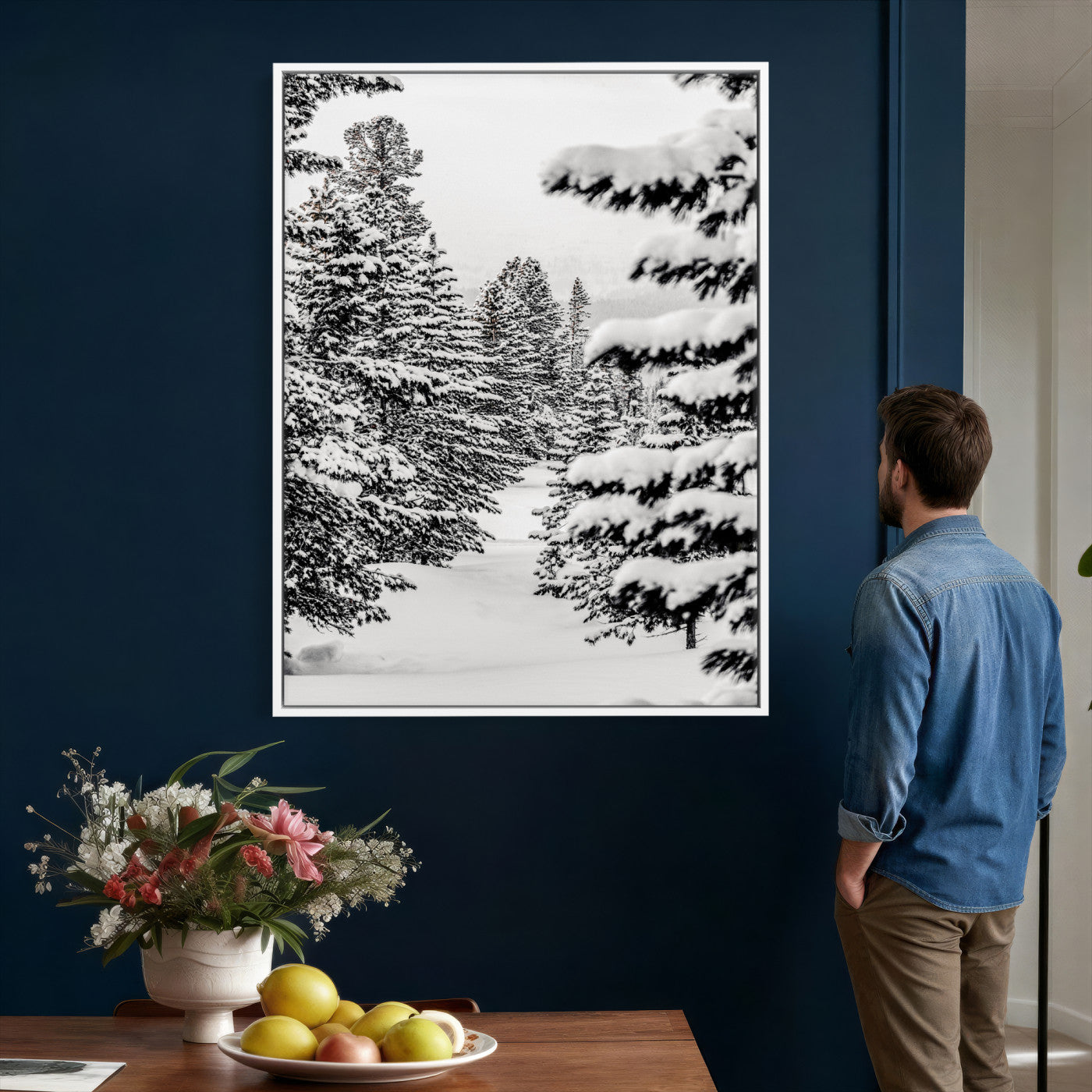 42534505-MGV-CV-24X36 - Snowy Pine Forest Wall Art Canvas Print, Minimal Winter Woodland Landscape, Black and White Nature Artwork