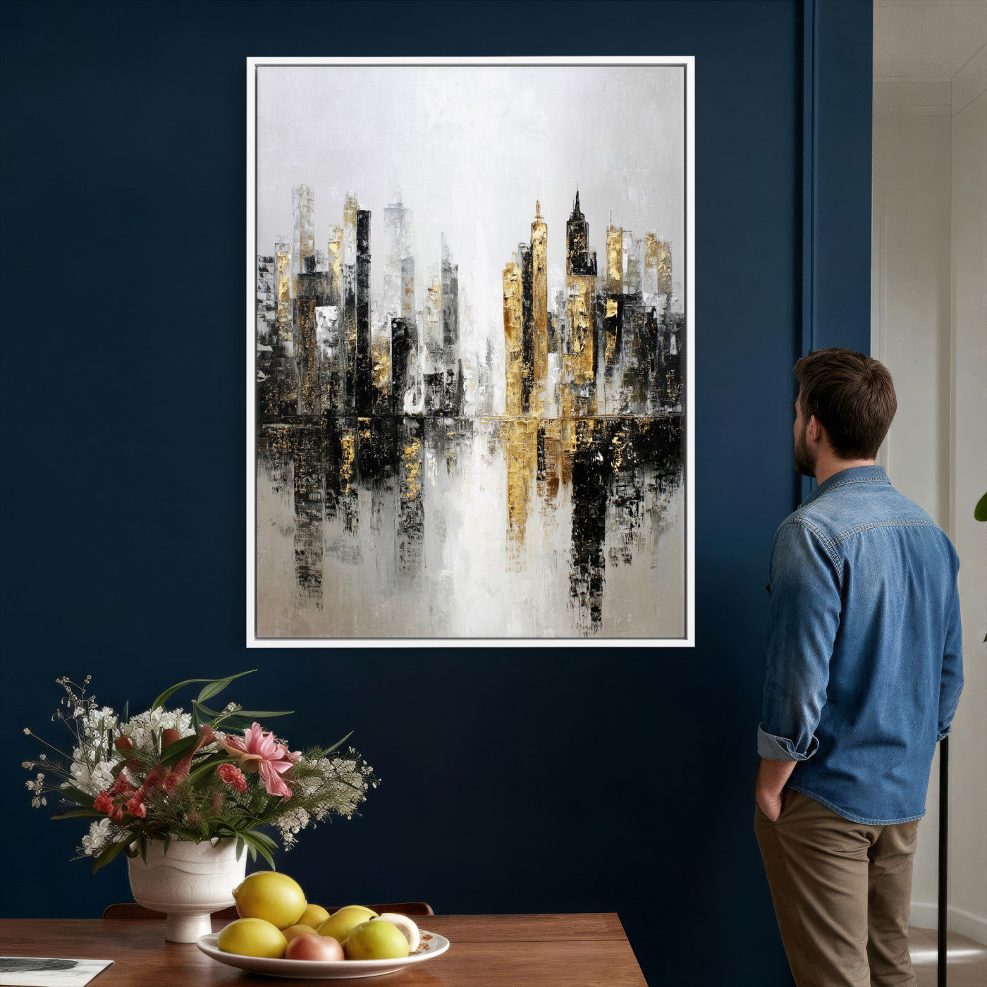 38126217-MGV-CV-24X36 - Abstract Urban Reflection Wall Art Canvas Print, Gold Black Modern Architecture Canvas Print, Contemporary Moody City Artwork for Living Room Decor