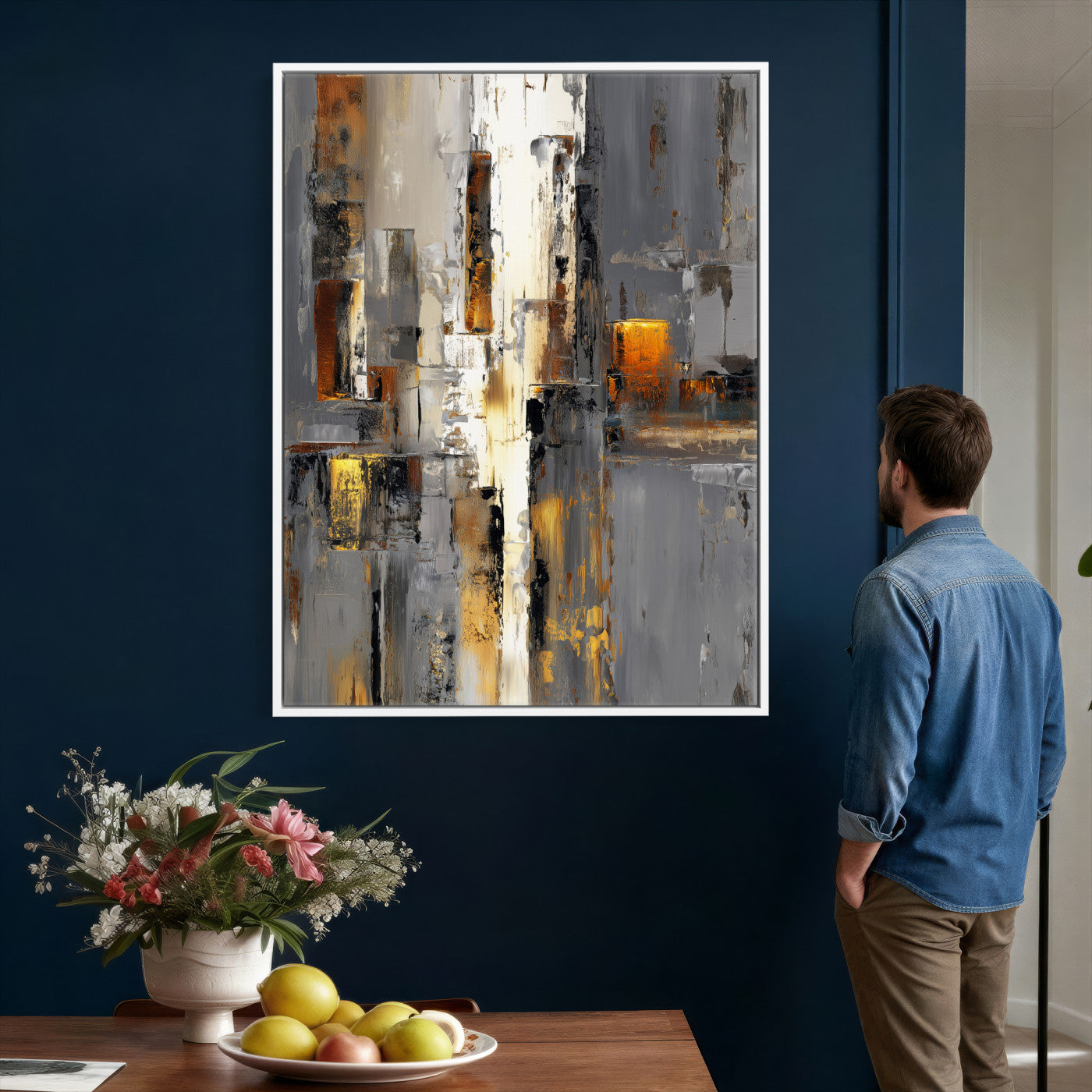 35992080-MGV-CV-24X36 - Abstract Urban Reflection Wall Art Canvas Print, Gold Black Modern Architecture Canvas Print, Contemporary Moody City Artwork for Living Room Decor
