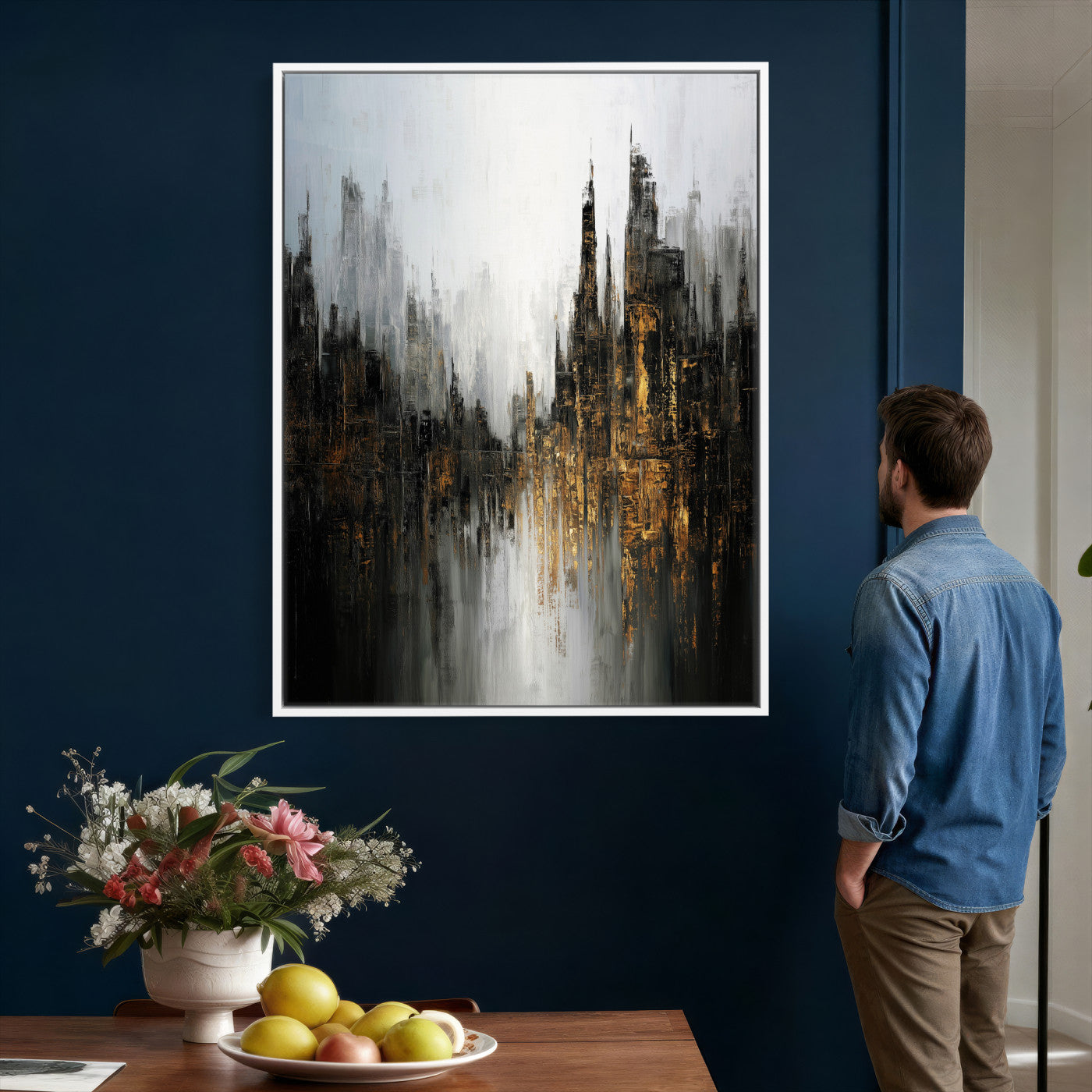 39629486-MGV-CV-24X36 - Abstract Urban Reflection Wall Art Canvas Print, Gold Black Modern Architecture Canvas Print, Contemporary Moody City Artwork for Living Room Decor