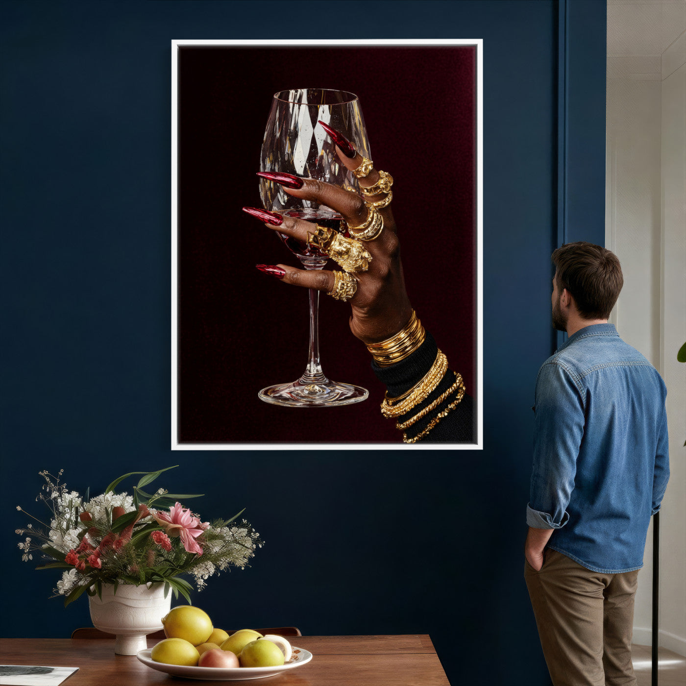 8151788Y6-MGV-CV-24X36 - Black Woman Holding Elegant Wine Glass Art, Black Girl Art, Black Woman Art, Trendy Black Girl Wall Art